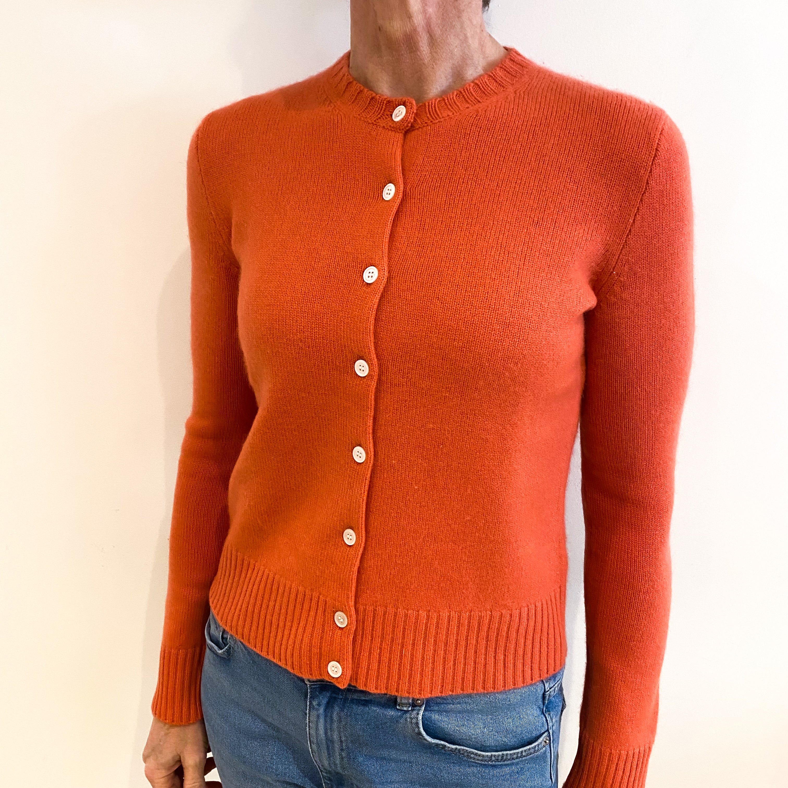 Coral Orange Cashmere Crew Neck Cardigan Small