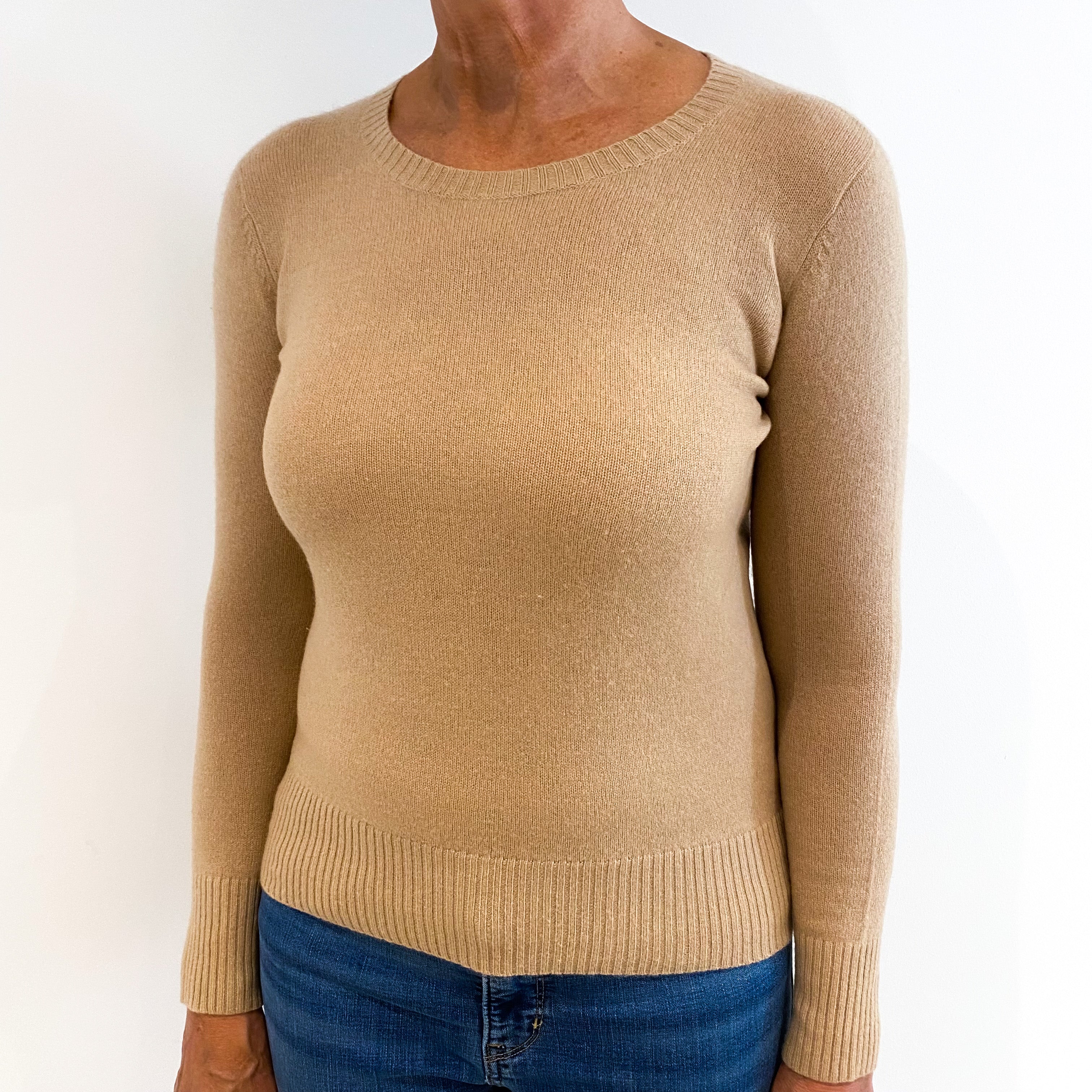 Camel Brown Cashmere Crew Neck Jumper Medium