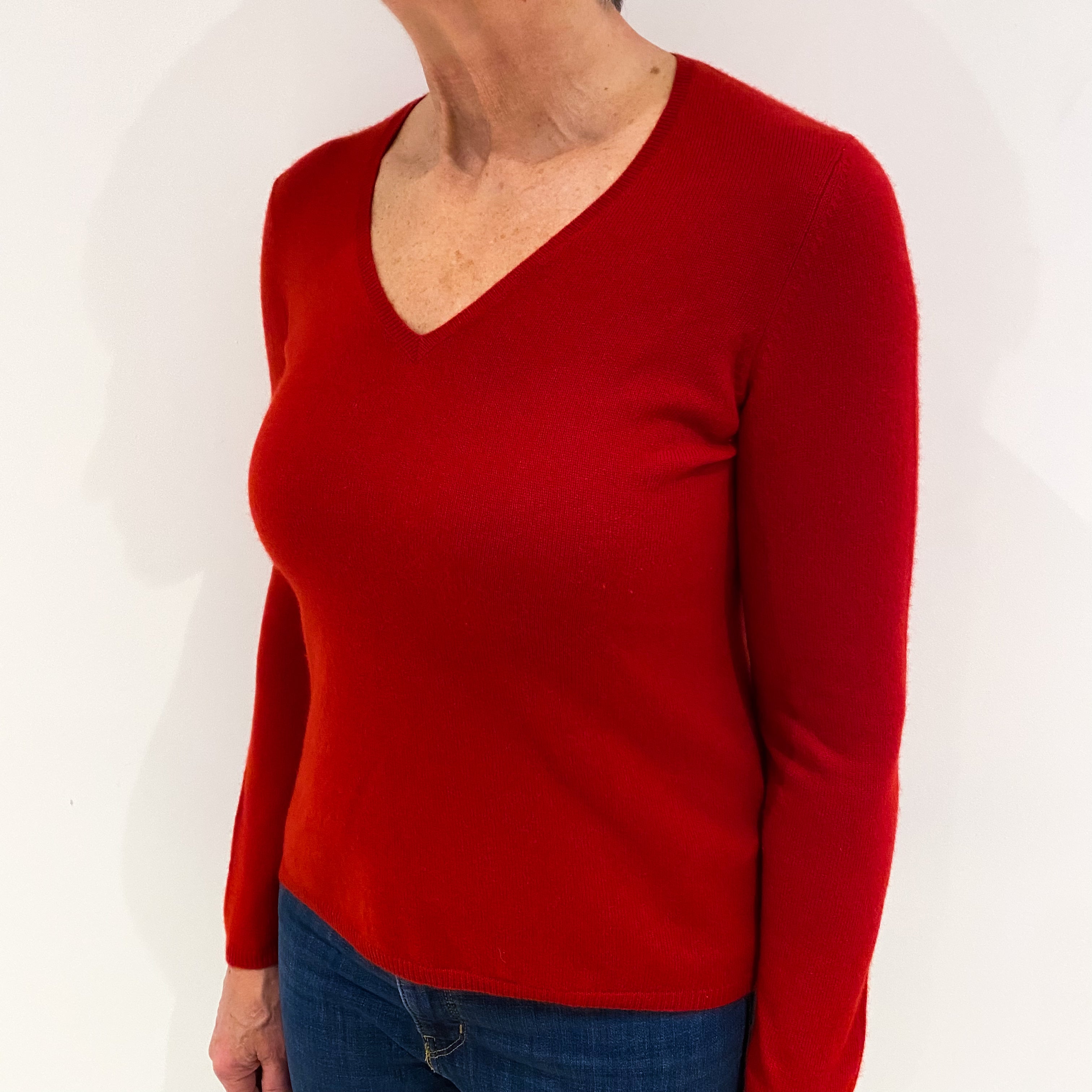 Scarlet Red Cashmere V Neck Jumper Medium