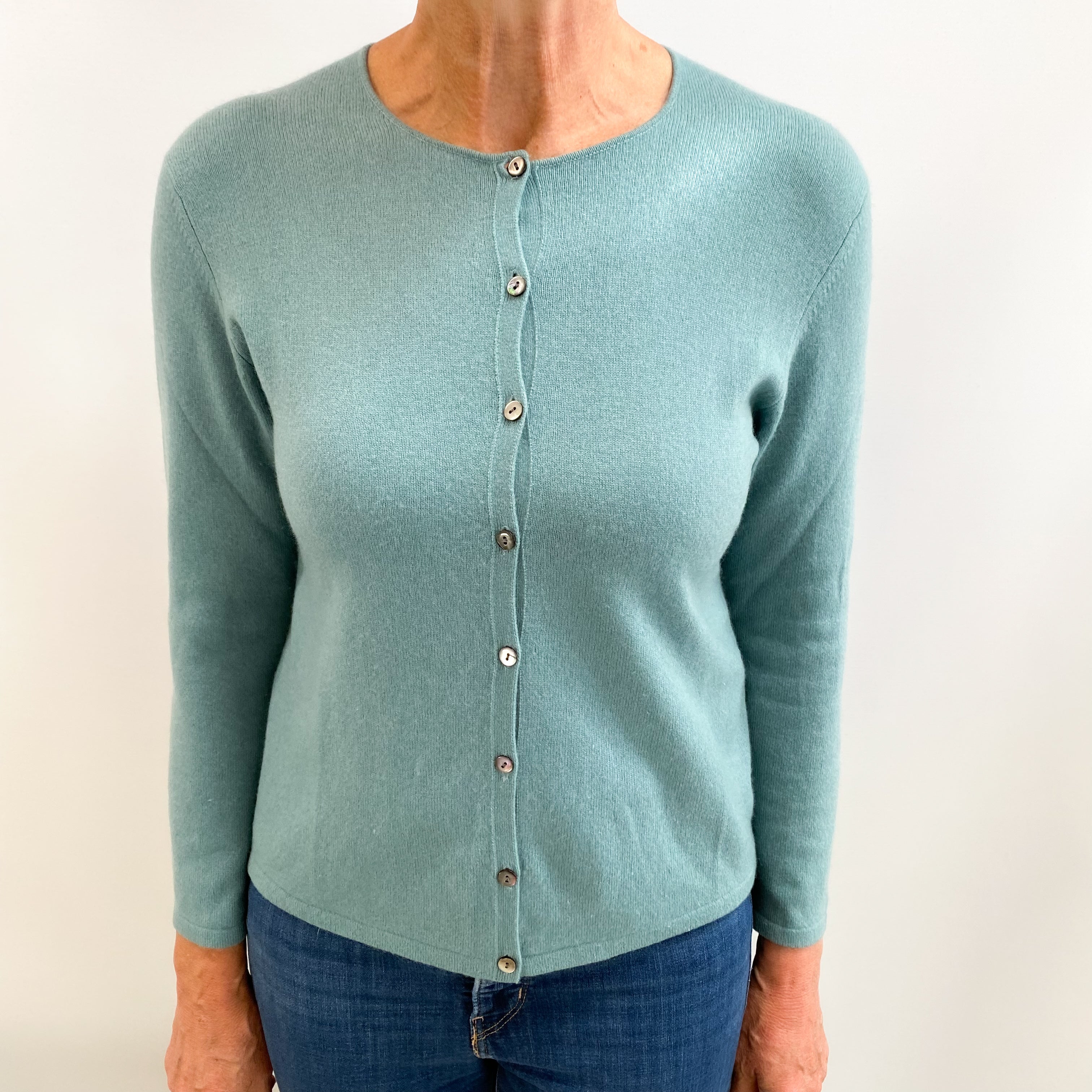 Duck Egg Green Cashmere Crew Neck Cardigan Medium