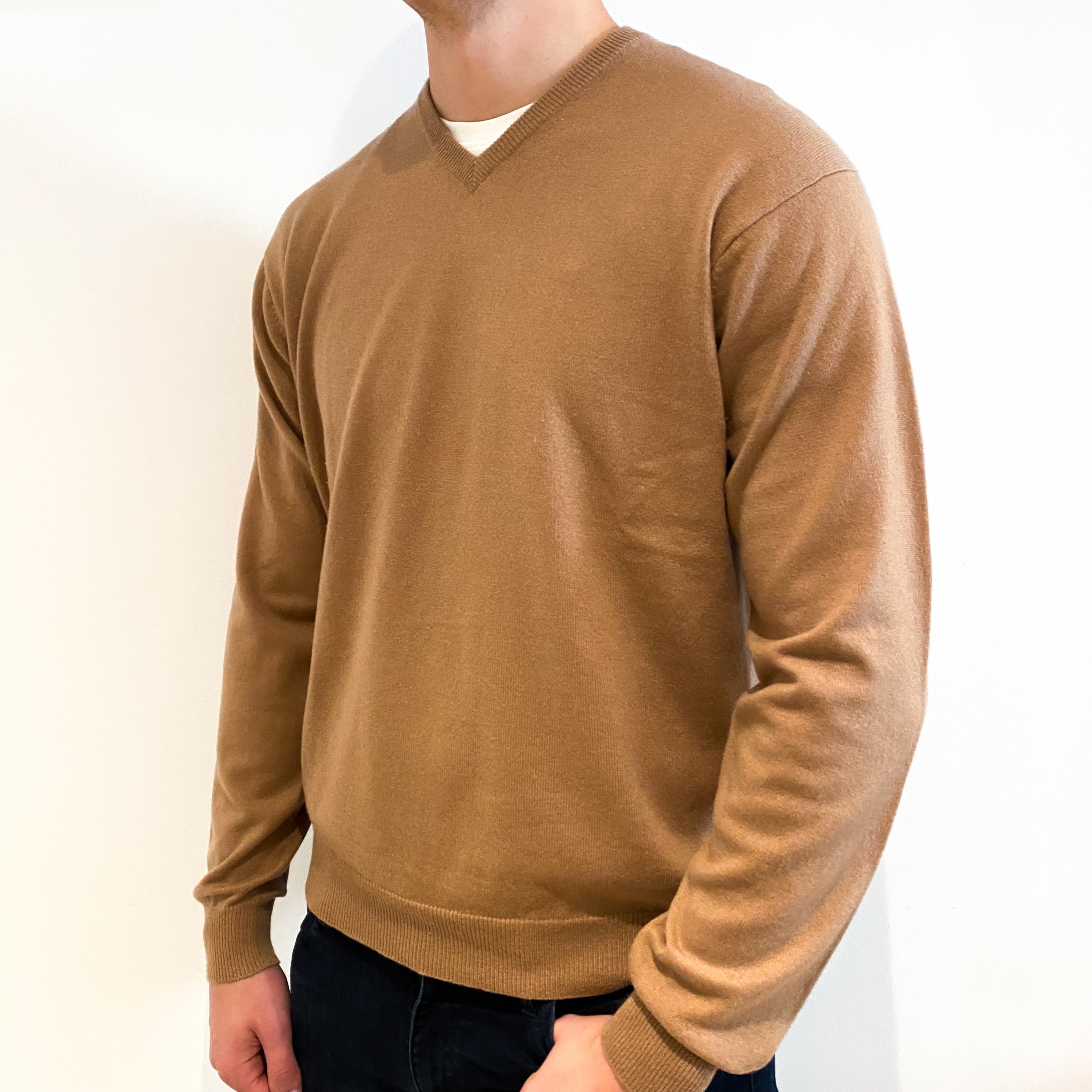 Men's Camel Brown Cashmere V-Neck Jumper Extra Extra Large
