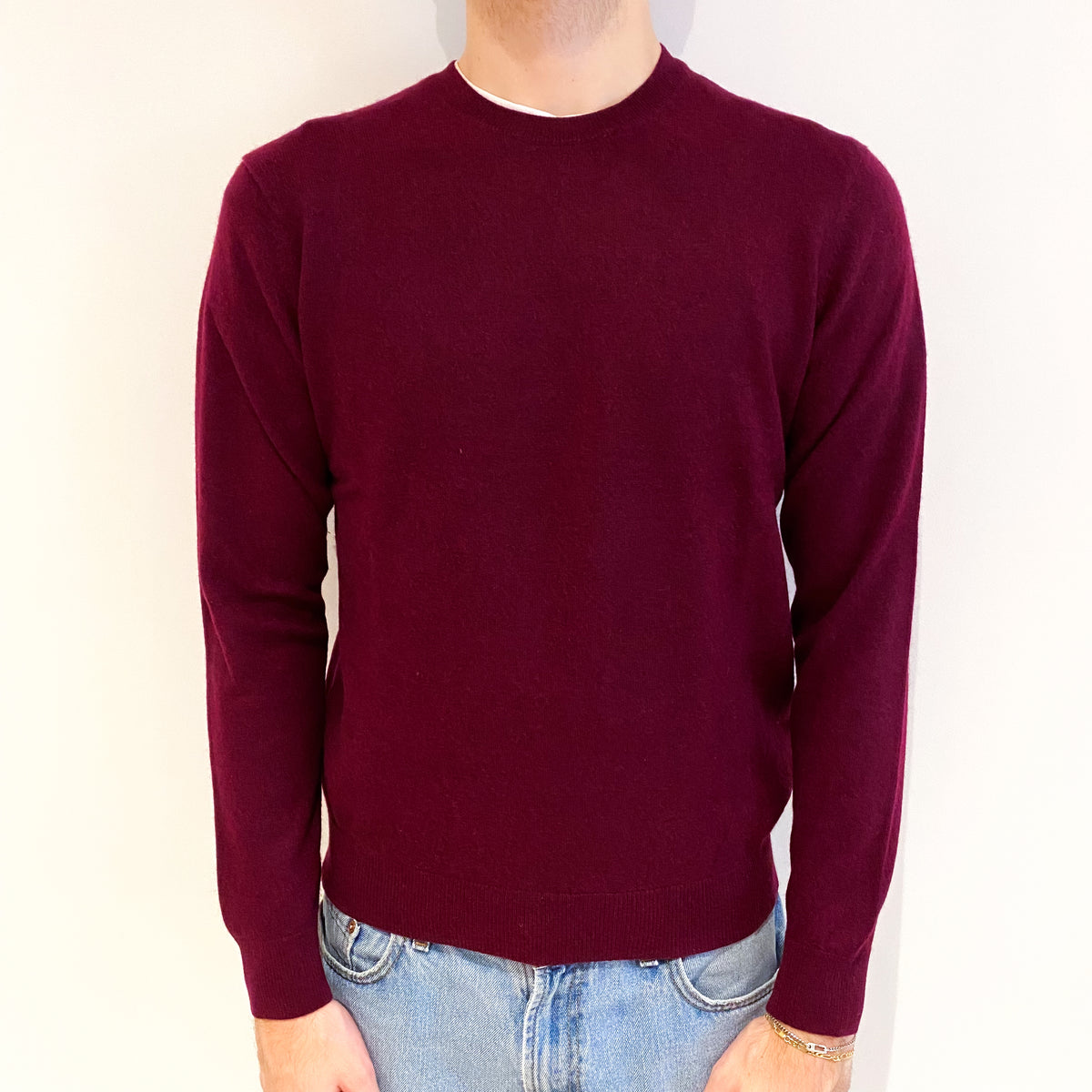 Men's Wine Red Cashmere Crew Neck Jumper Large