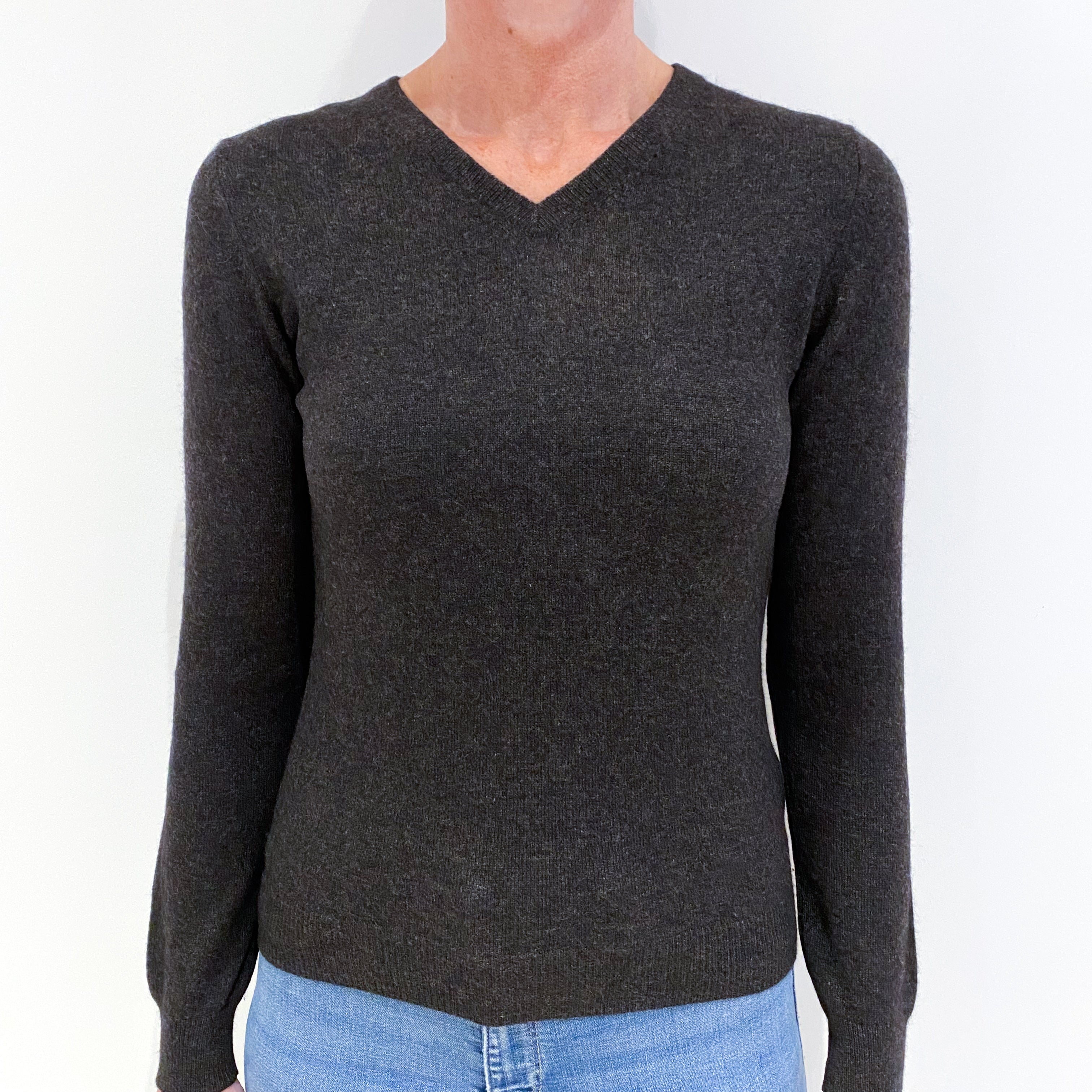 Charcoal Grey Cashmere V-Neck Jumper Small