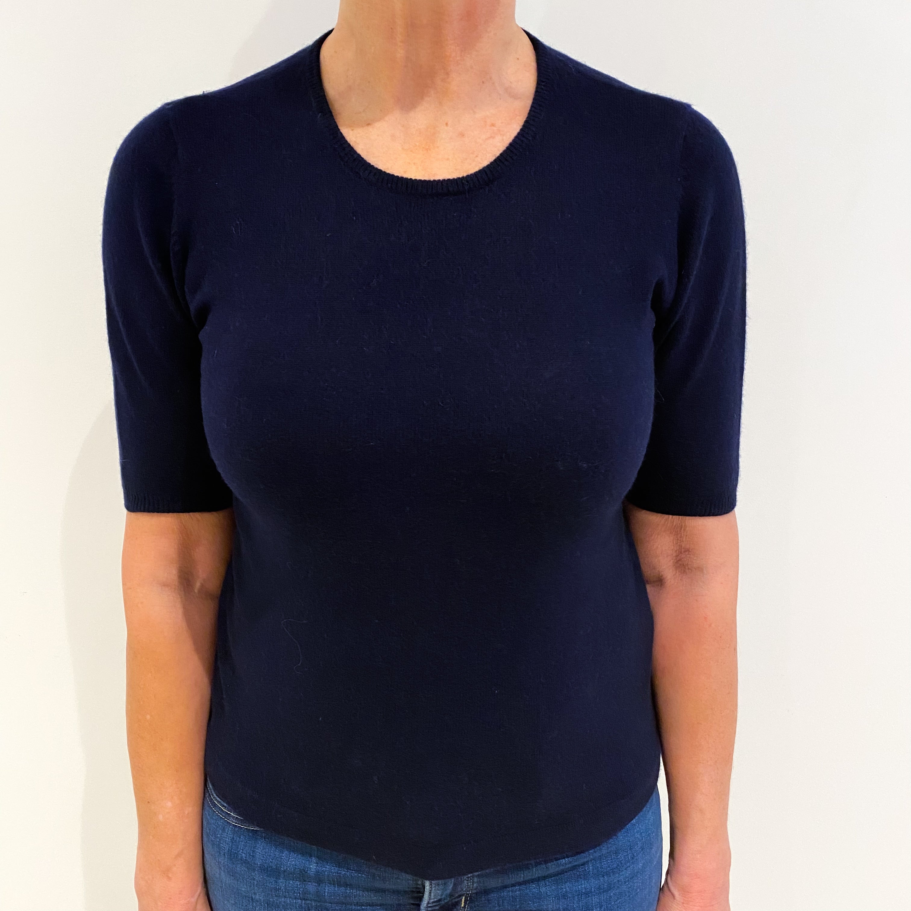 Navy Blue Cashmere Crew Neck Short Sleeved Jumper Medium