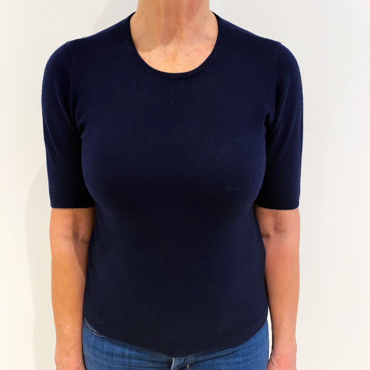 Navy Blue Cashmere Crew Neck Short Sleeved Jumper Medium
