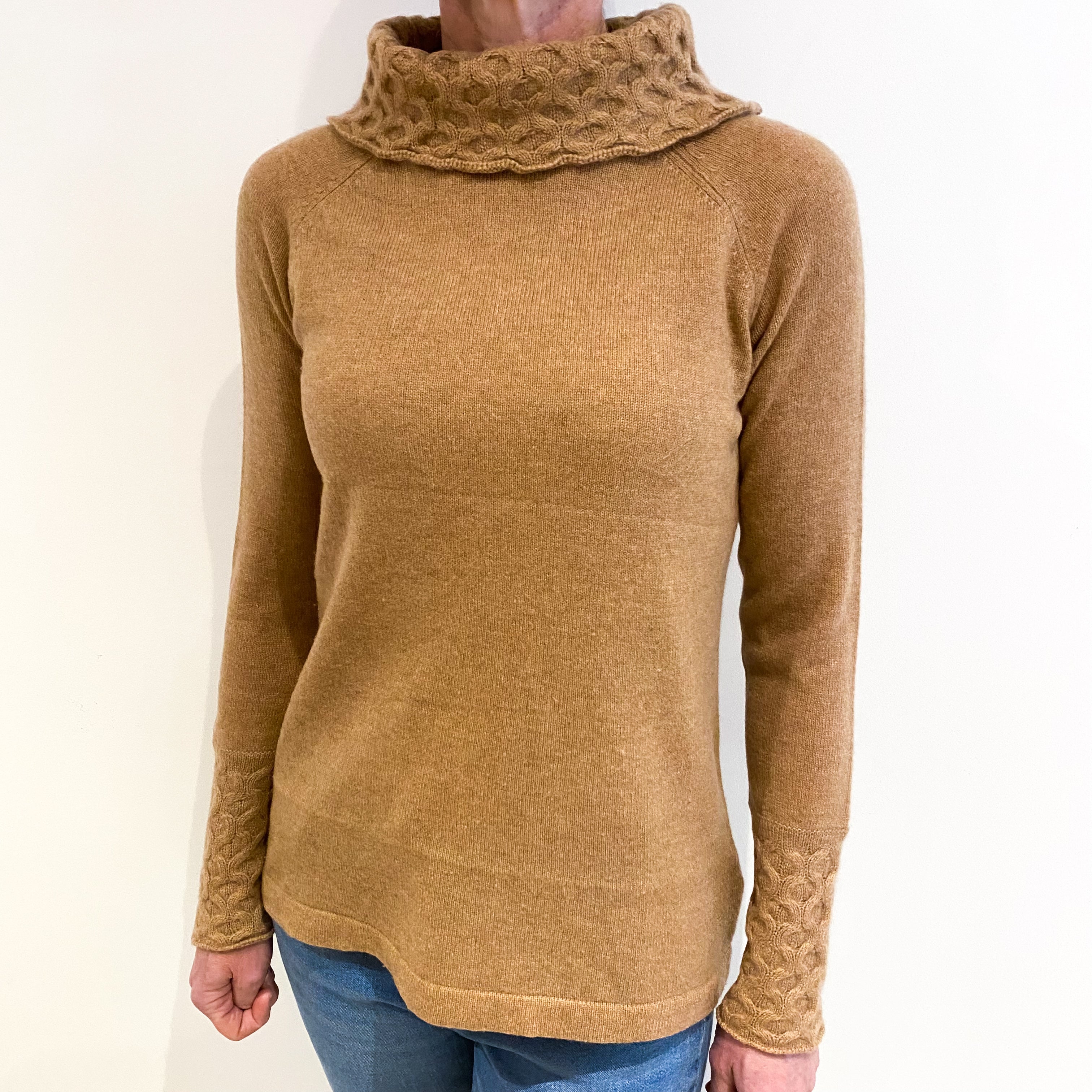 Butterscotch Brown Cashmere Textured Polo Neck Jumper Small