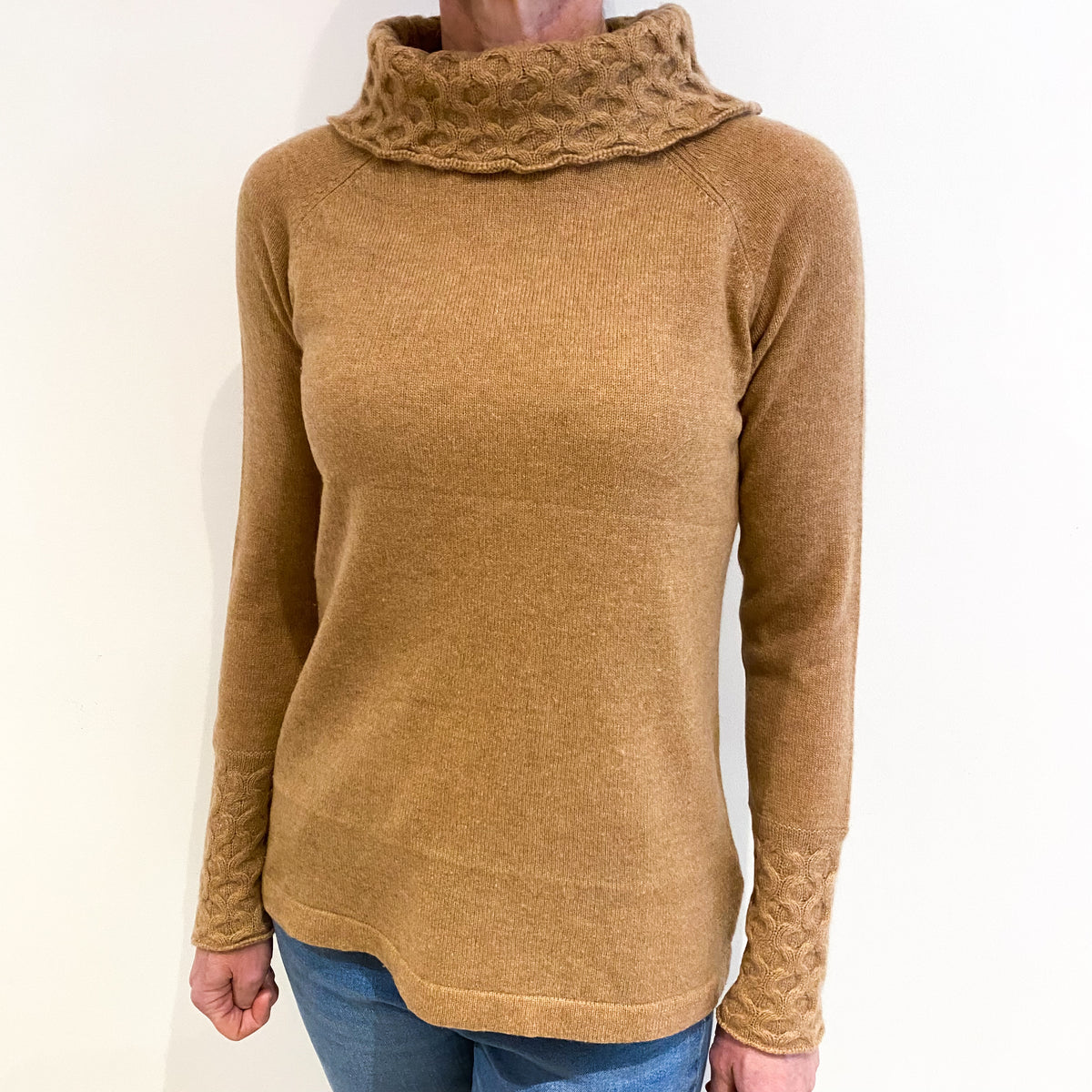 Butterscotch Brown Cashmere Textured Polo Neck Jumper Small