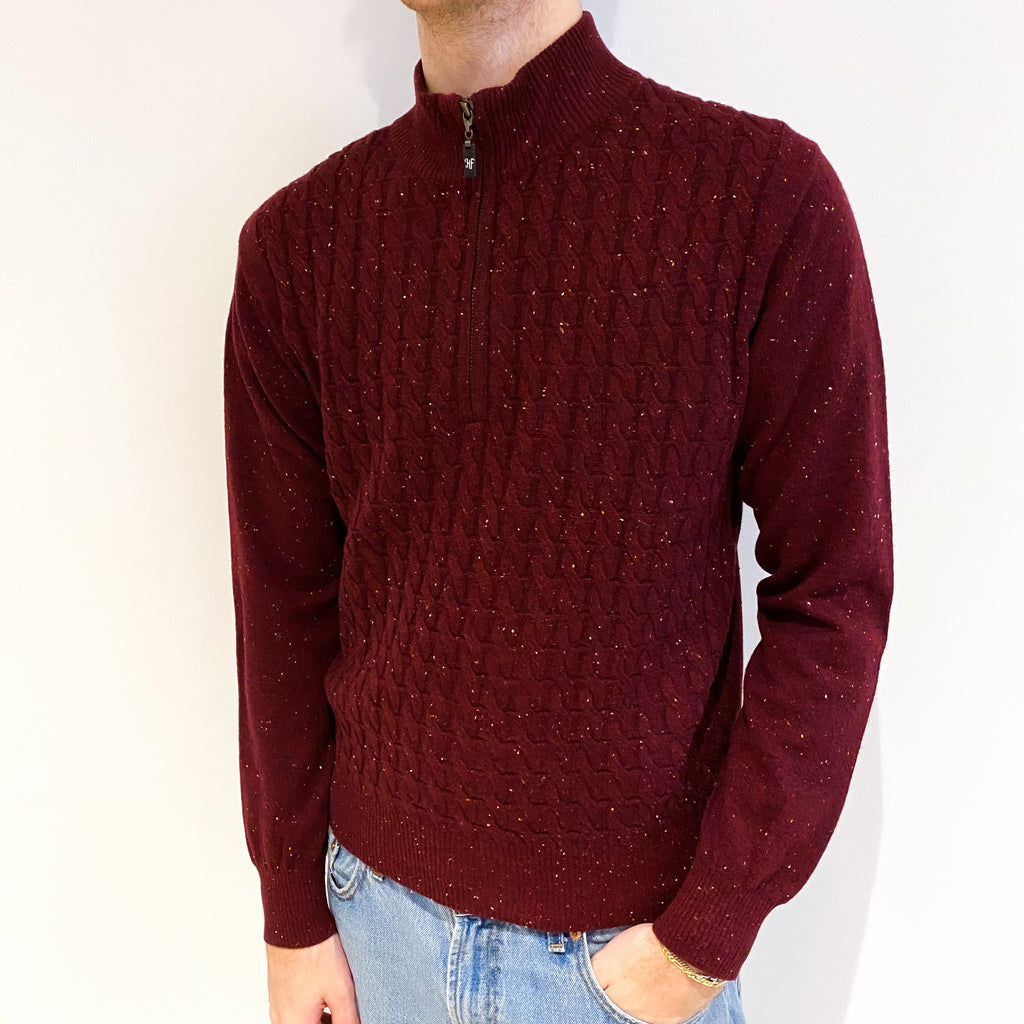 Men's Wine Red Marl Cashmere 3/4 Zip Turtle Neck Jumper Medium
