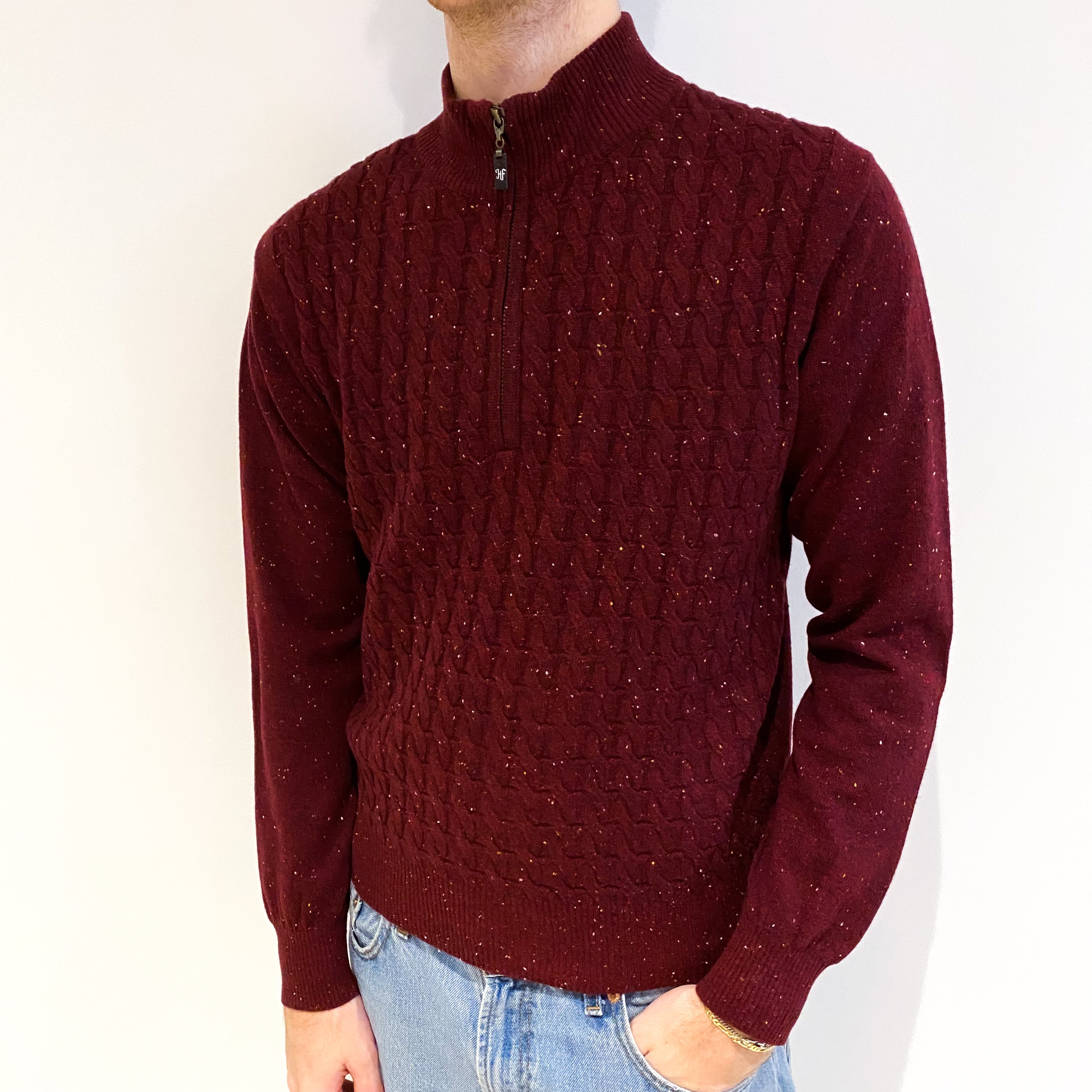 Men's Wine Red Marl Cashmere 3/4 Zip Turtle Neck Jumper Medium