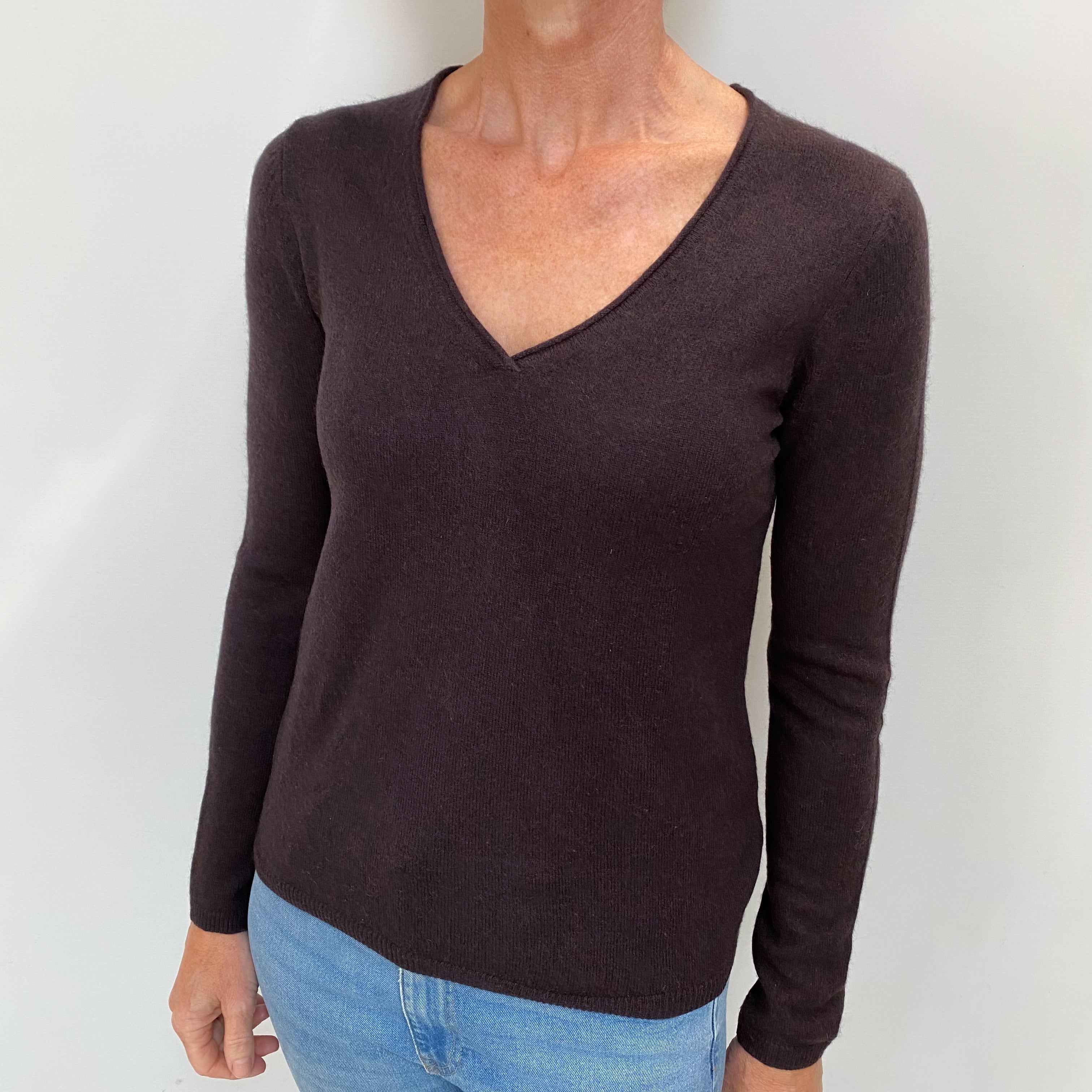 Peppercorn Brown Cashmere V Neck Jumper Small