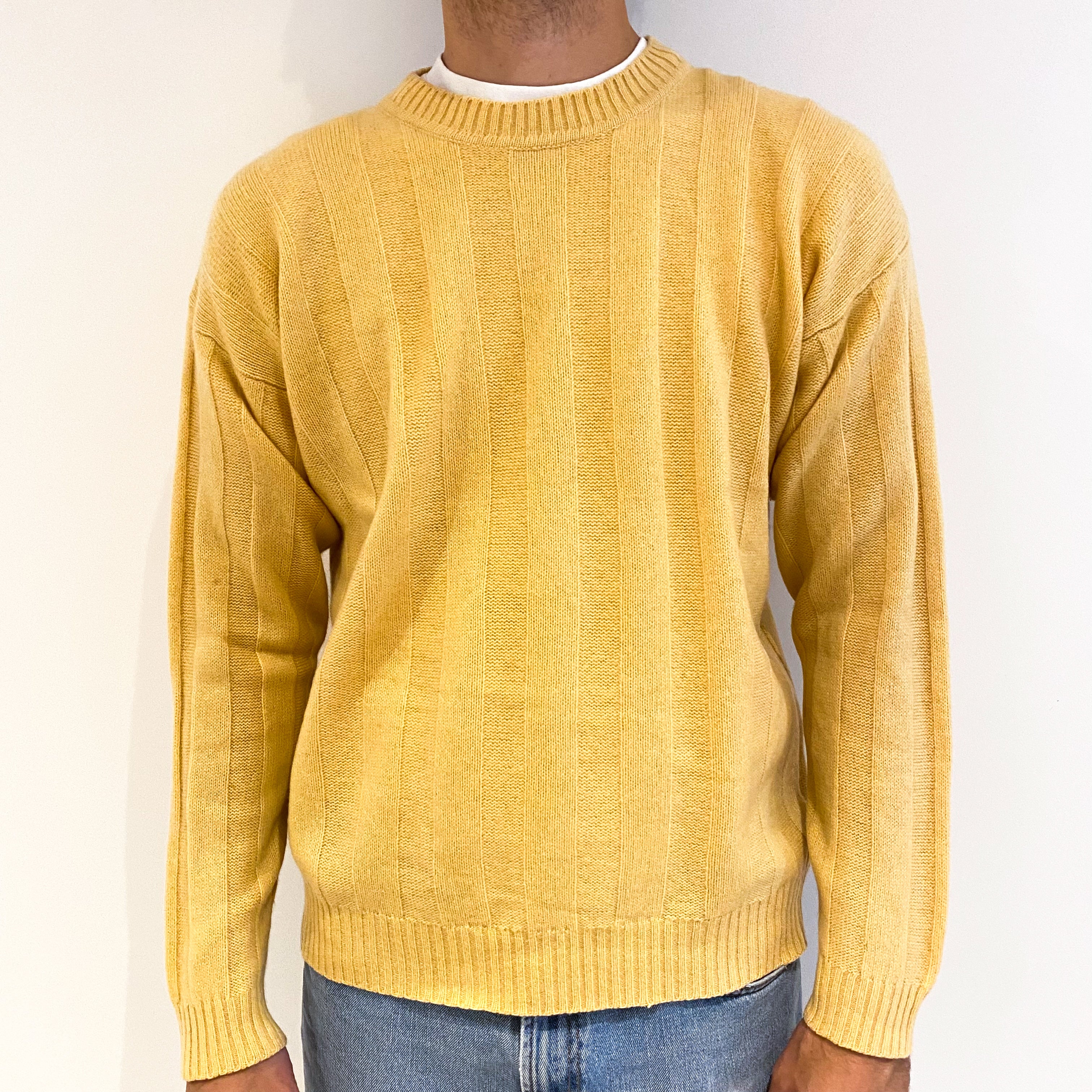Men's Vintage Yellow Rib Cashmere Crew Neck Jumper Medium
