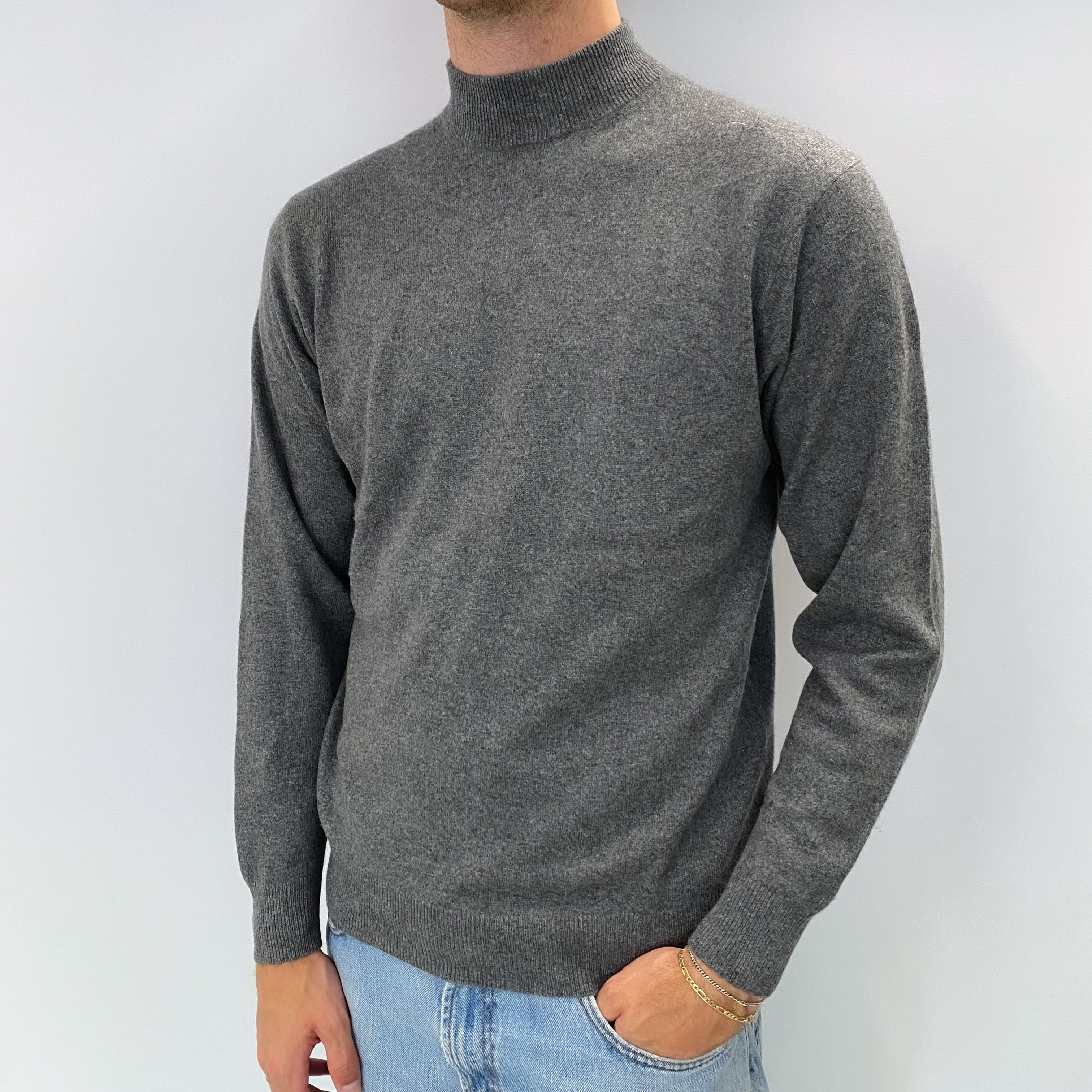 Men's Slate Grey Cashmere Turtle Neck Jumper Medium