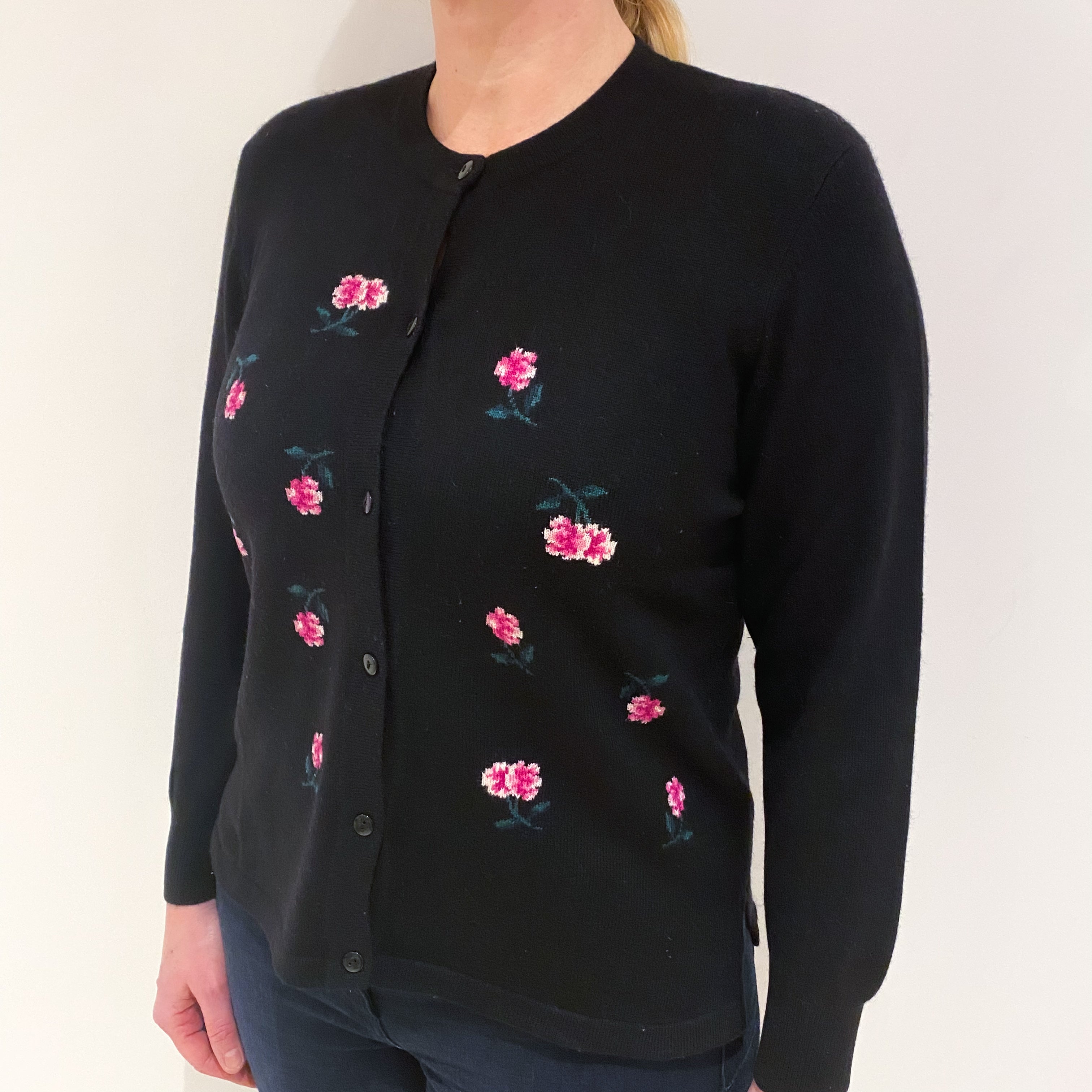 Black with Floral Pink Pattern Cashmere Crew Neck Cardigan Large