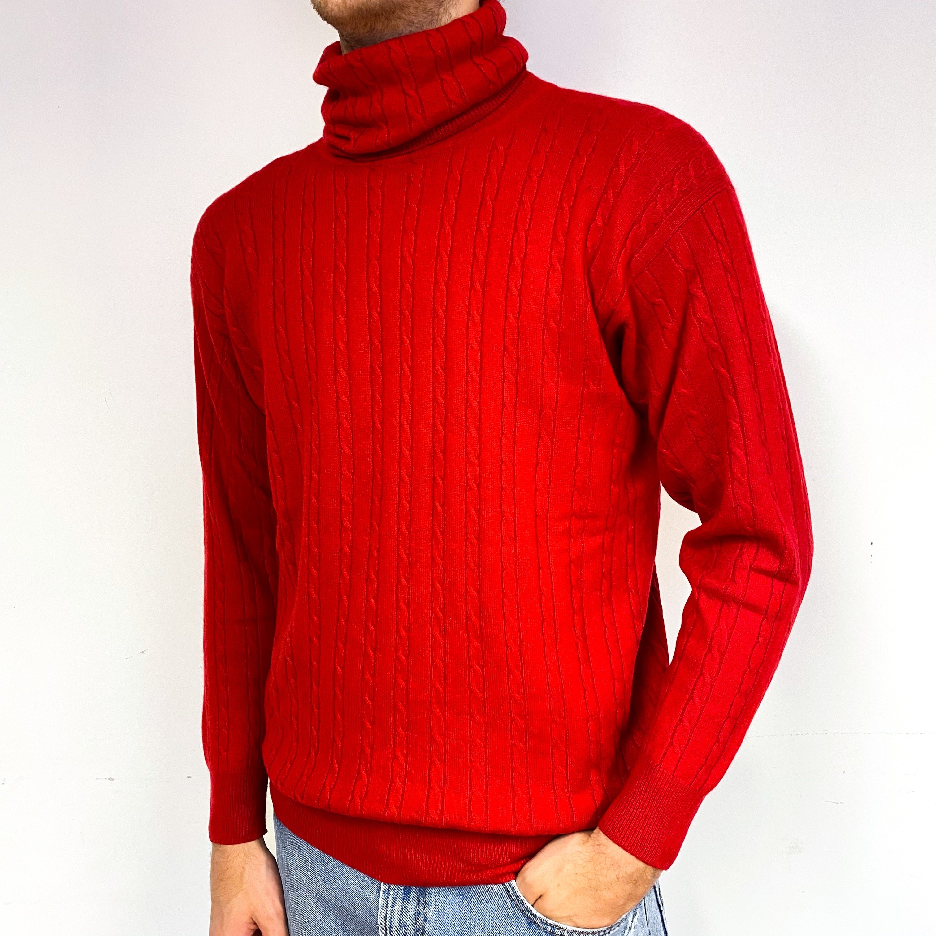 Men's Scarlet Red Cable Cashmere Polo Neck Jumper Large