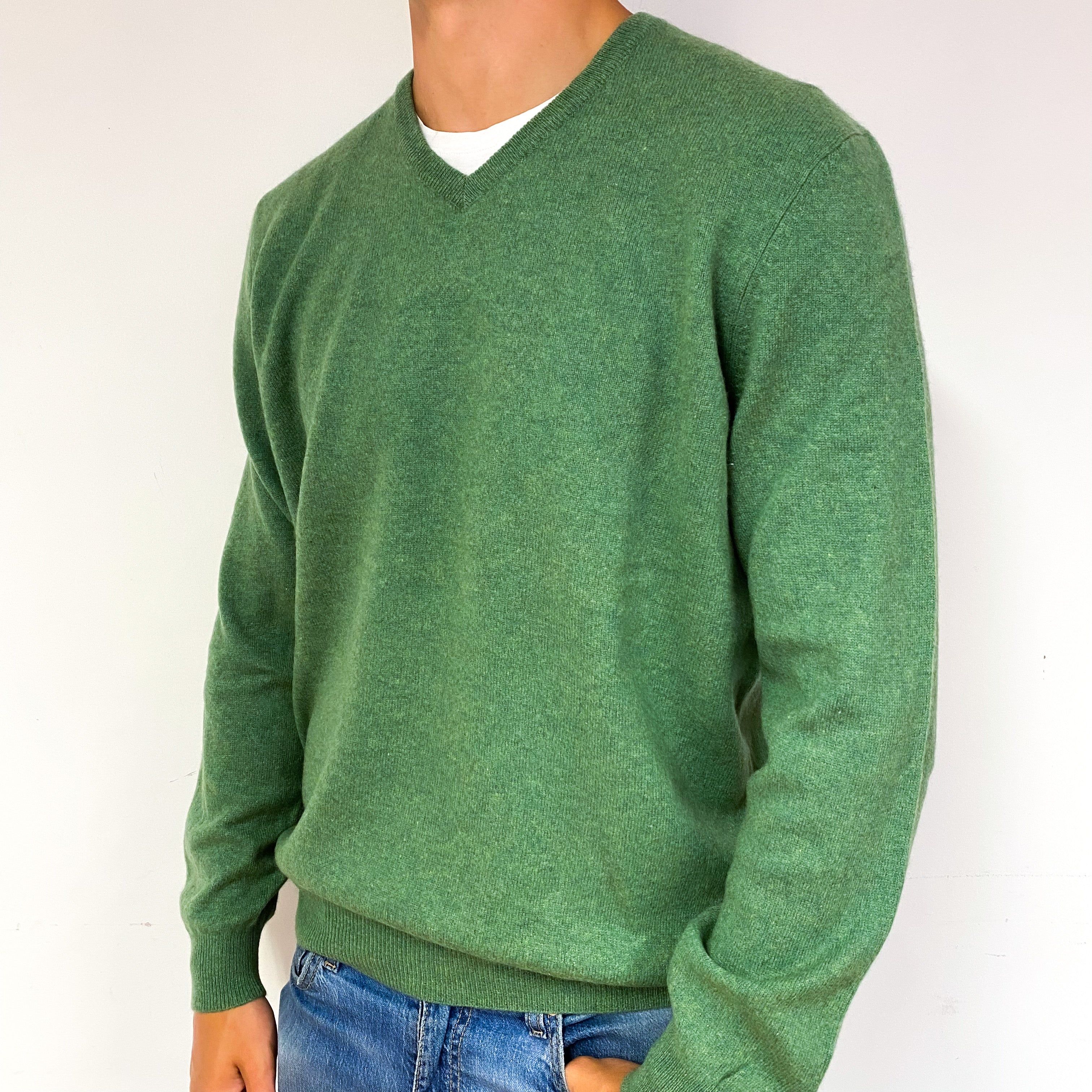 Men's Fern Green Cashmere V-Neck Jumper Extra Large