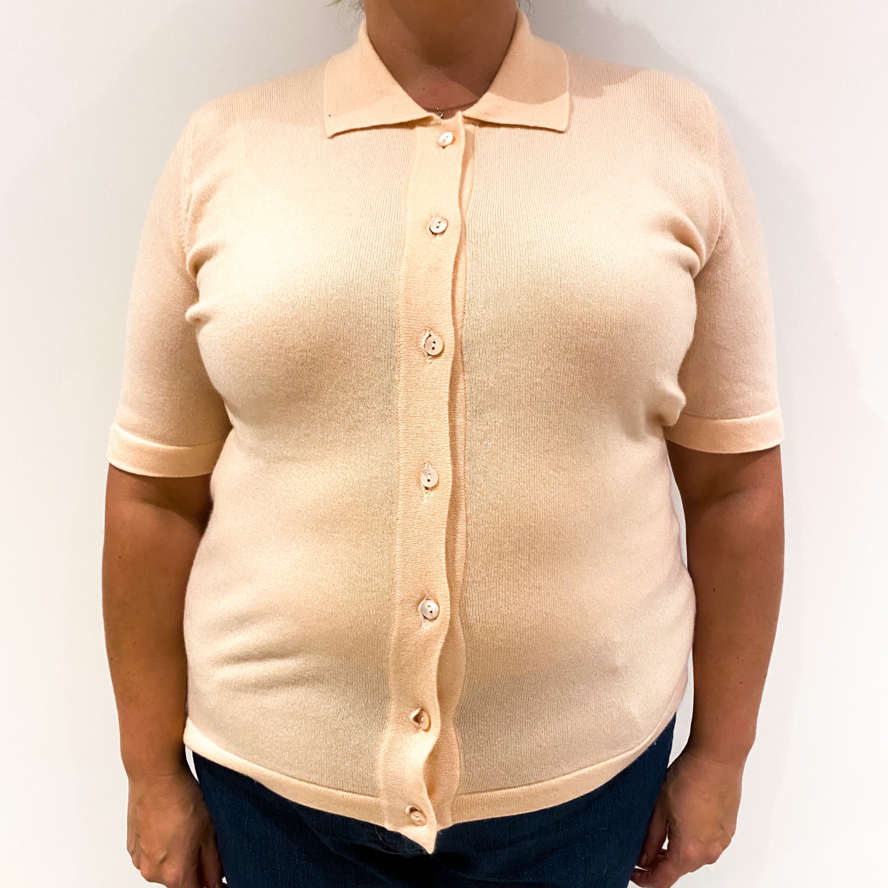 Vintage Scottish Shell Pink Short Sleeved Collared Cashmere Cardigan Extra Large
