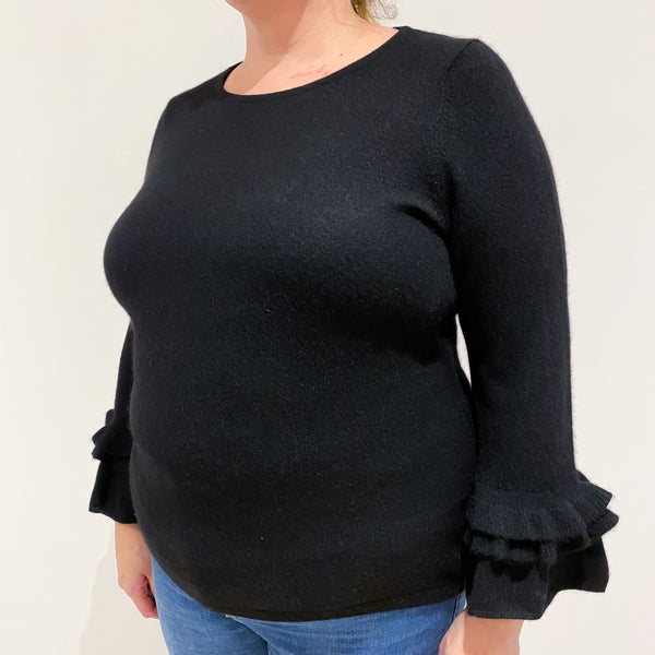 Black Frill Cuffed Cashmere Crew Neck Jumper Extra Large
