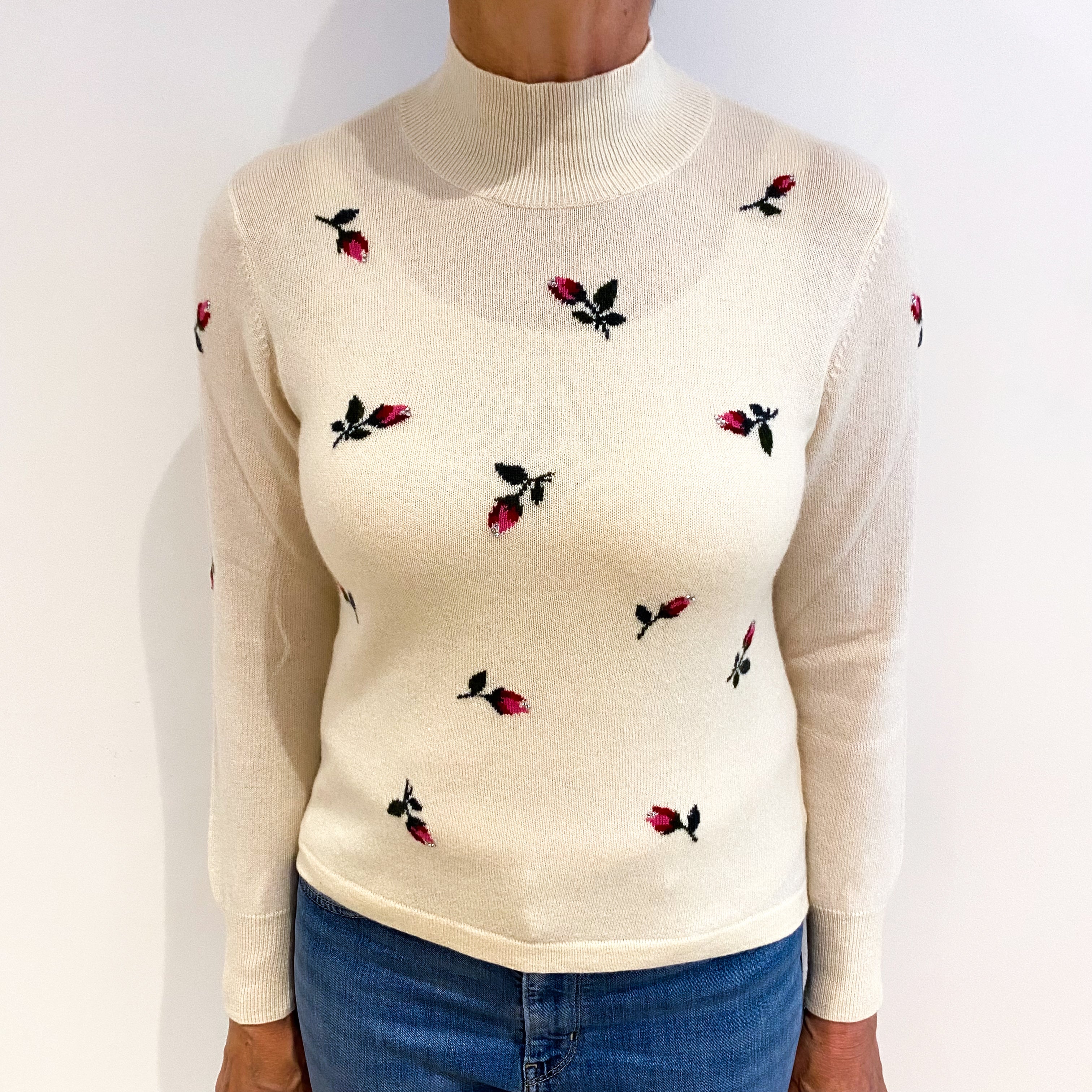 Vanilla Cream Floral Cashmere Turtle Neck Jumper Medium