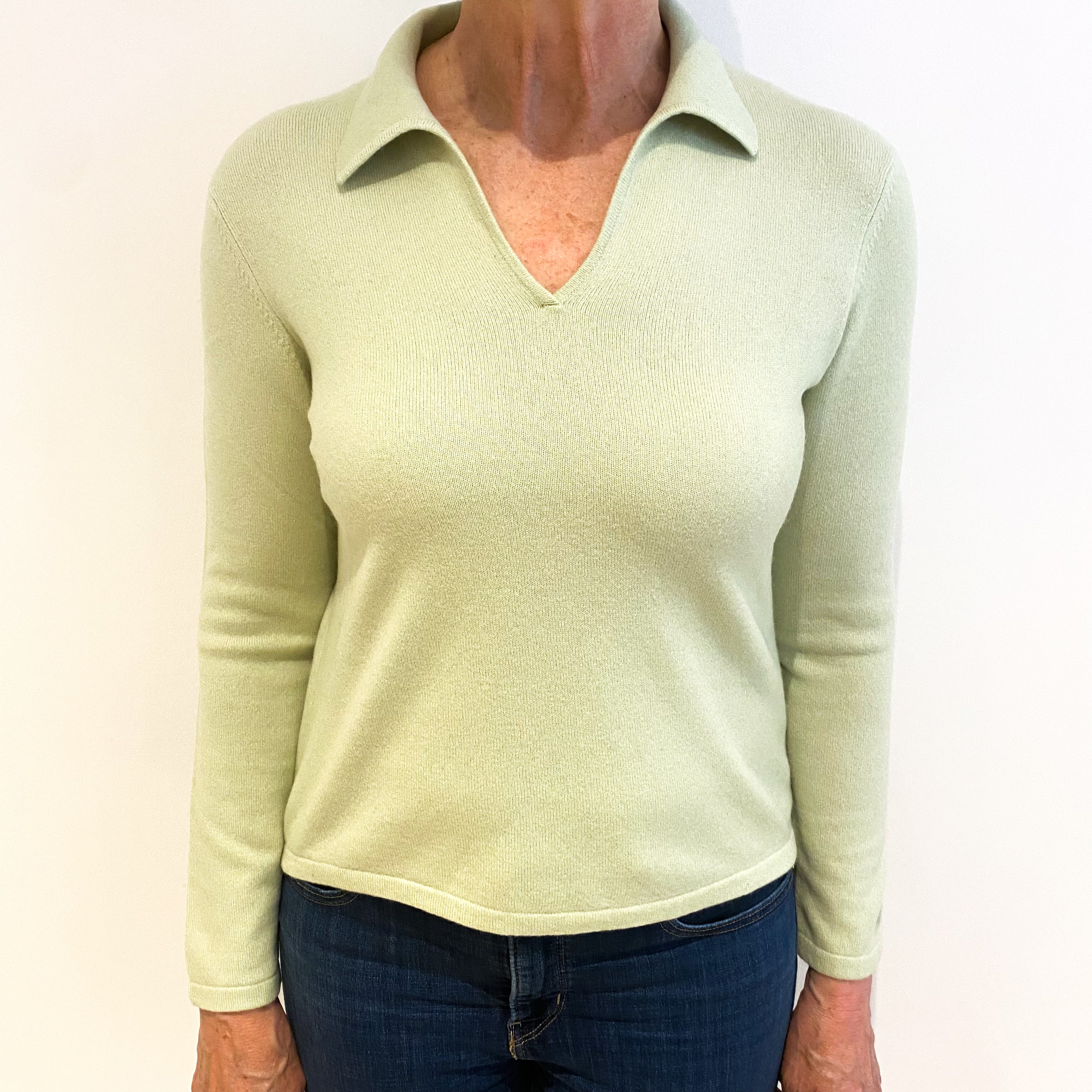 Soft Lime Green Cashmere Collared V Neck Jumper Medium