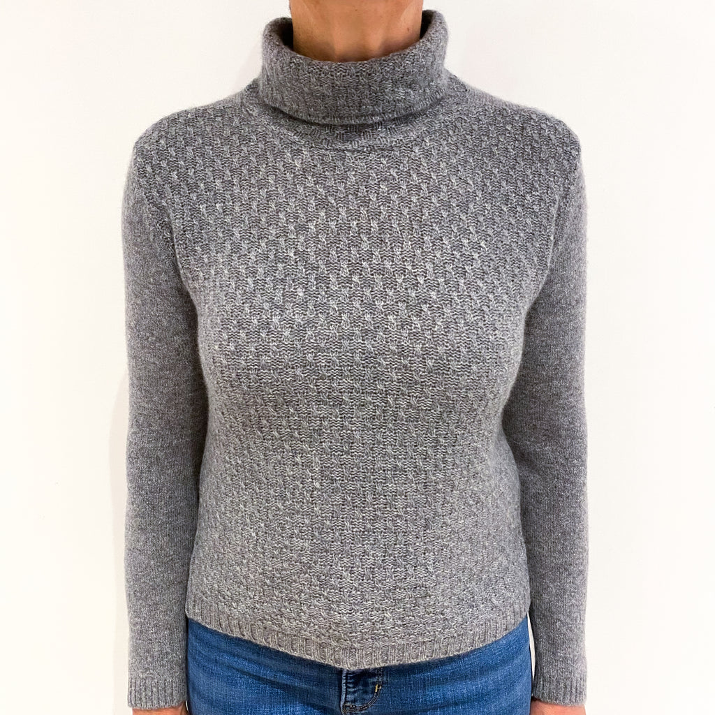 Ash Grey Textured Cashmere Polo Neck Jumper Medium