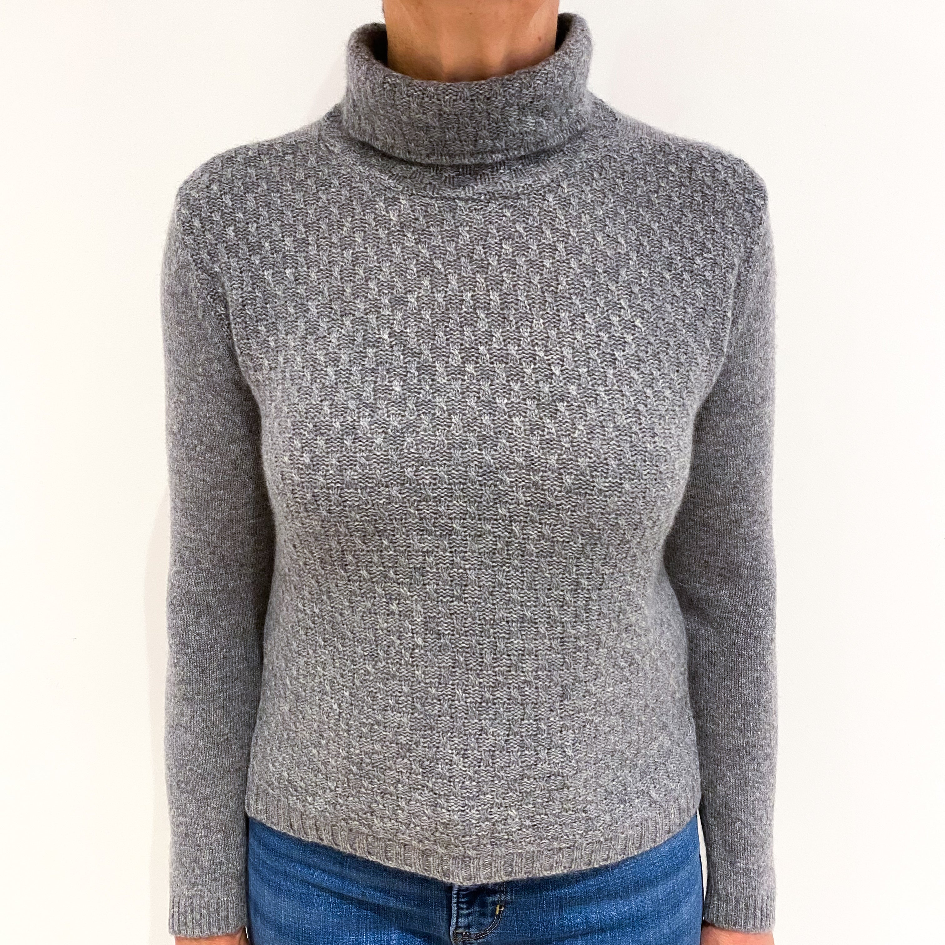 Ash Grey Textured Cashmere Polo Neck Jumper Medium