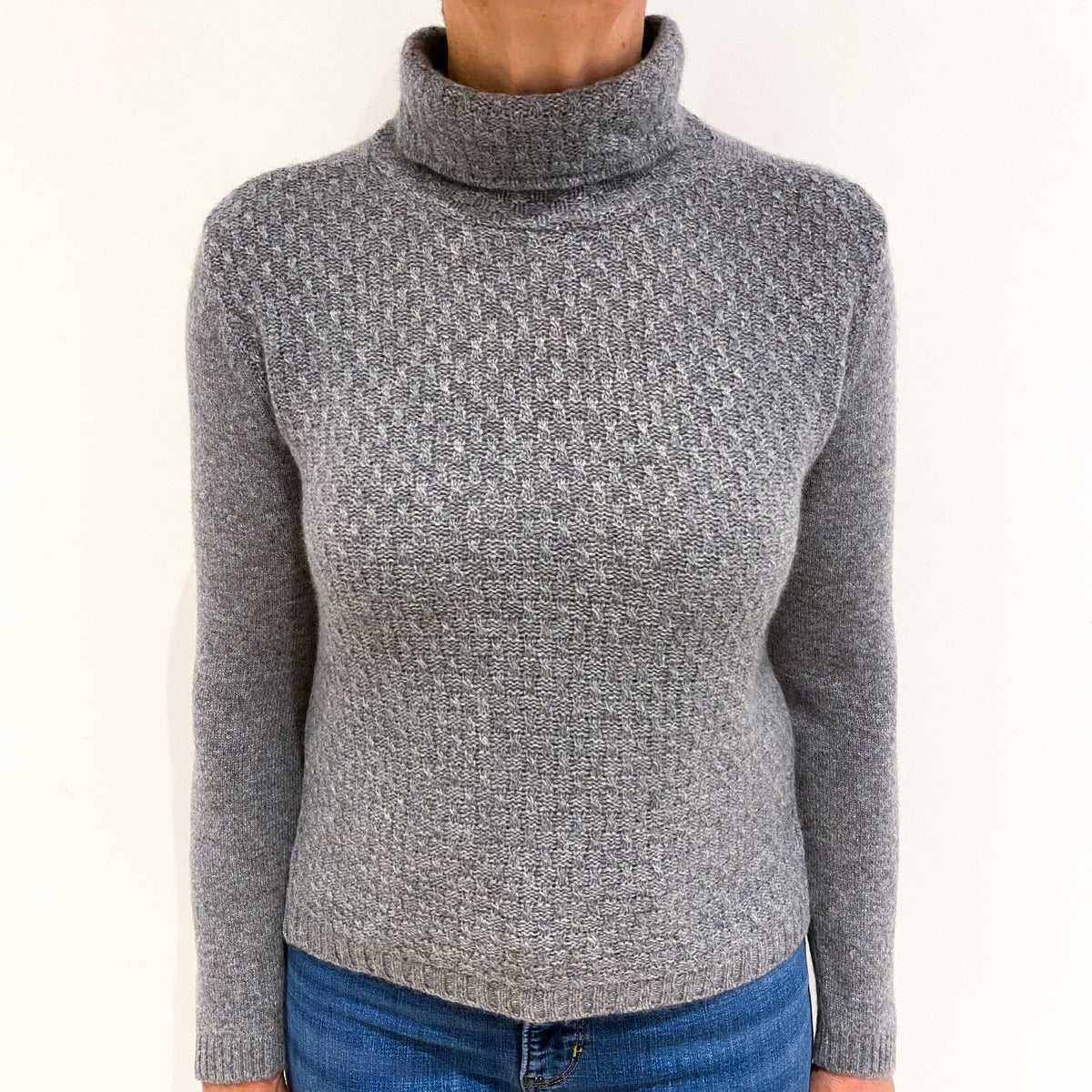 Ash Grey Textured Cashmere Polo Neck Jumper Medium