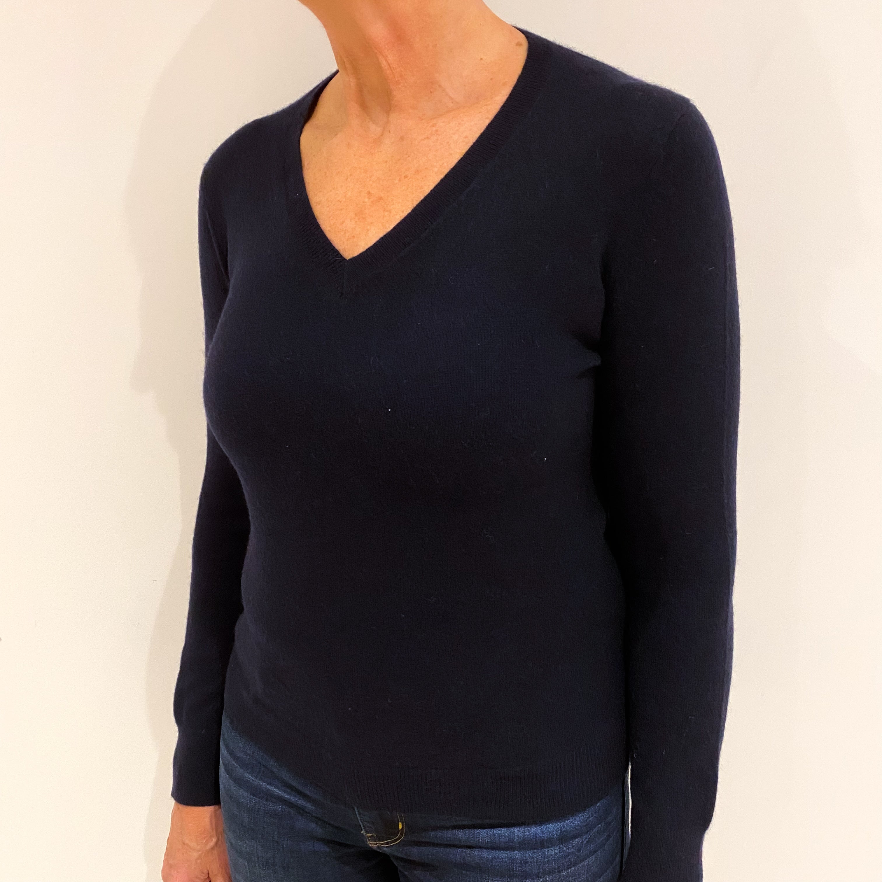Dark Navy Blue Cashmere V Neck Jumper Medium