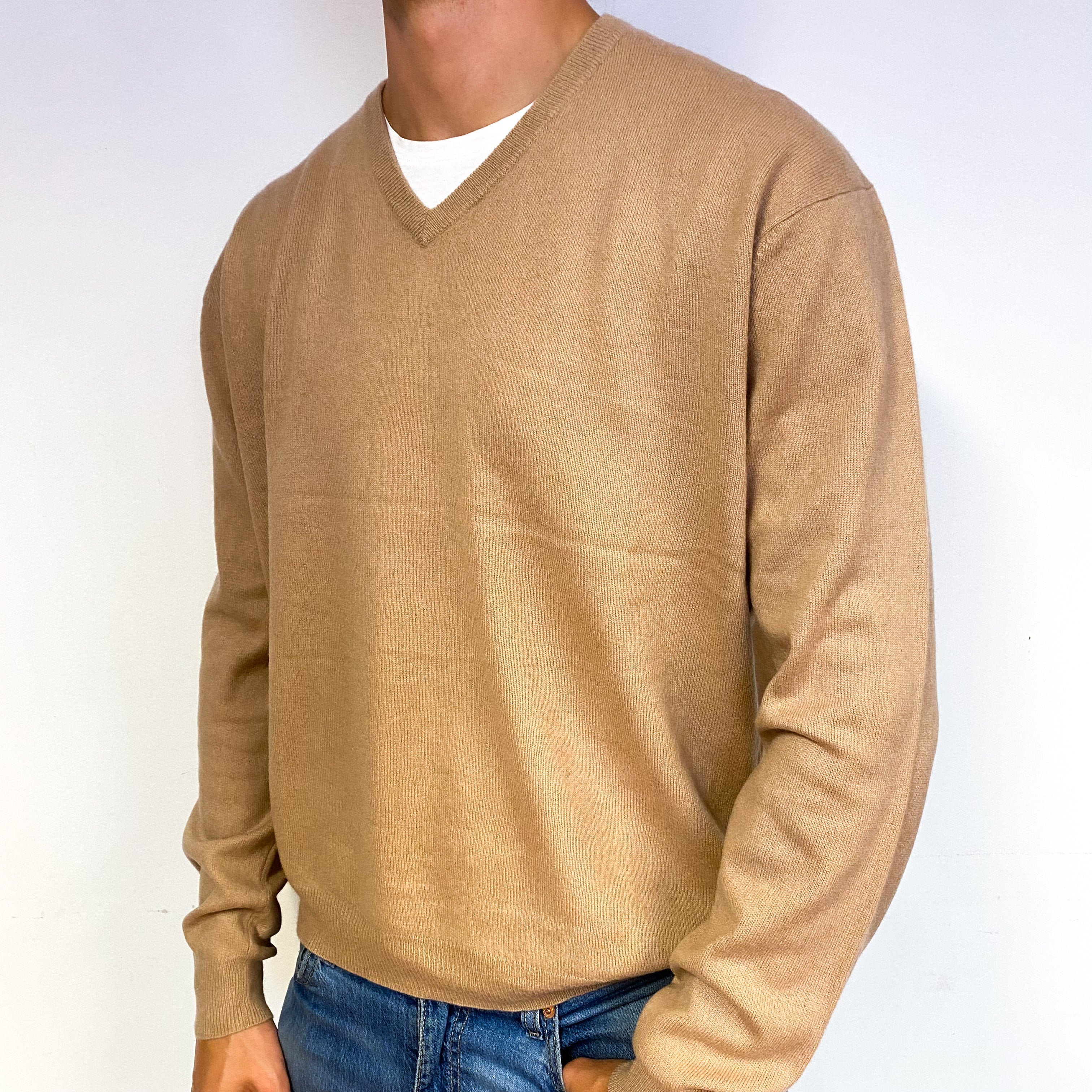 Men's Camel Brown Cashmere V-Neck Jumper Extra Large