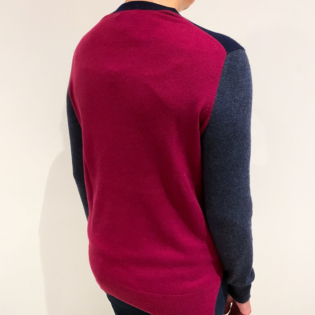 Navy Ruby Red and Charcoal Cashmere V Neck Cardigan Medium