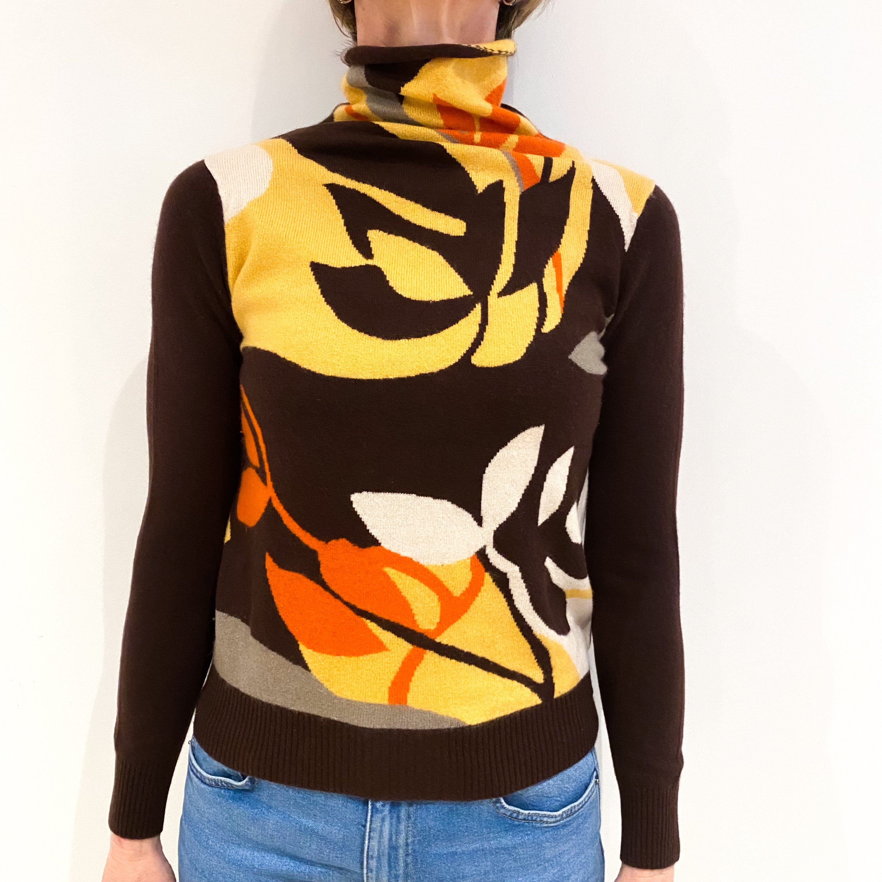 Chocolate Brown Botanical Cashmere Funnel Neck Jumper Small