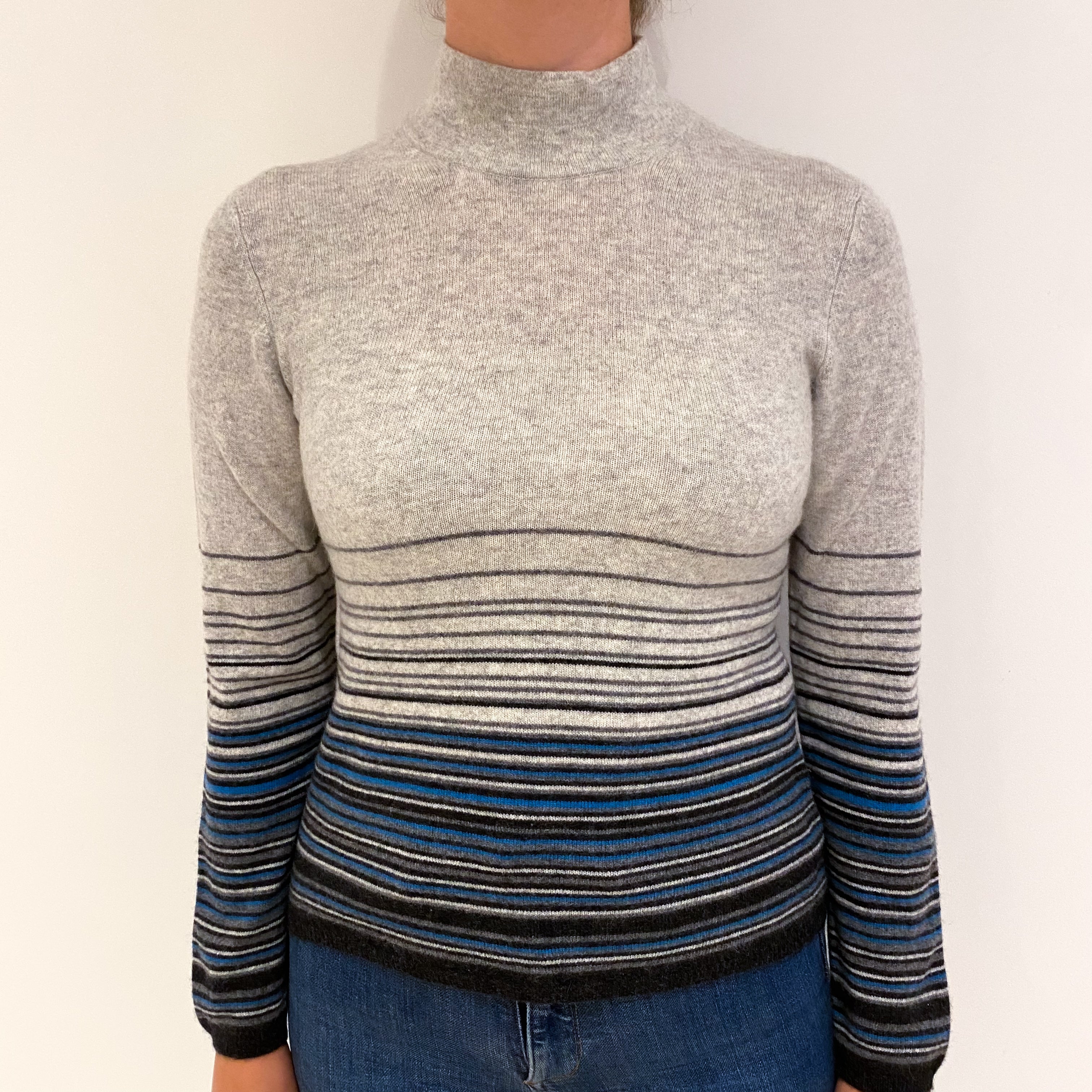 Grey and Blue Stripe Cashmere Turtle Neck Jumper Small