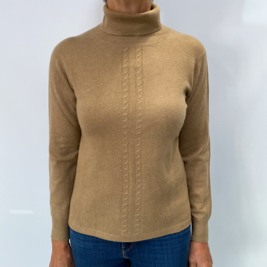 Camel Brown Cashmere Polo Neck Jumper Medium
