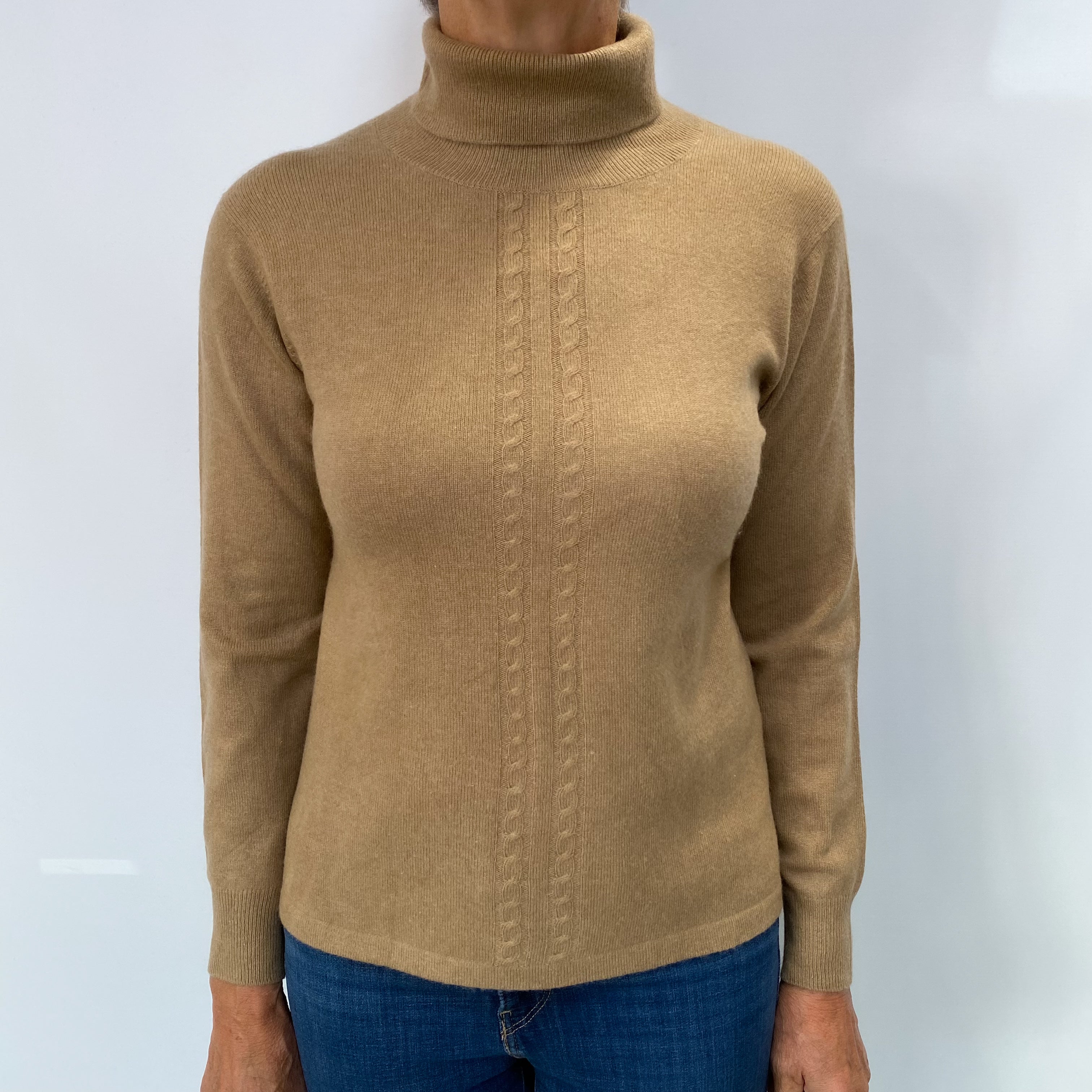 Camel Brown Cashmere Polo Neck Jumper Medium