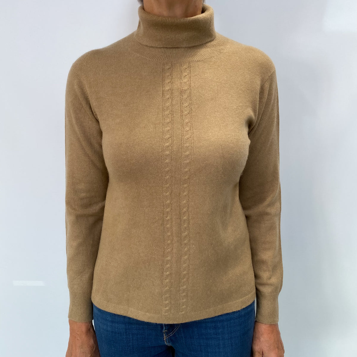 Camel Brown Cashmere Polo Neck Jumper Medium
