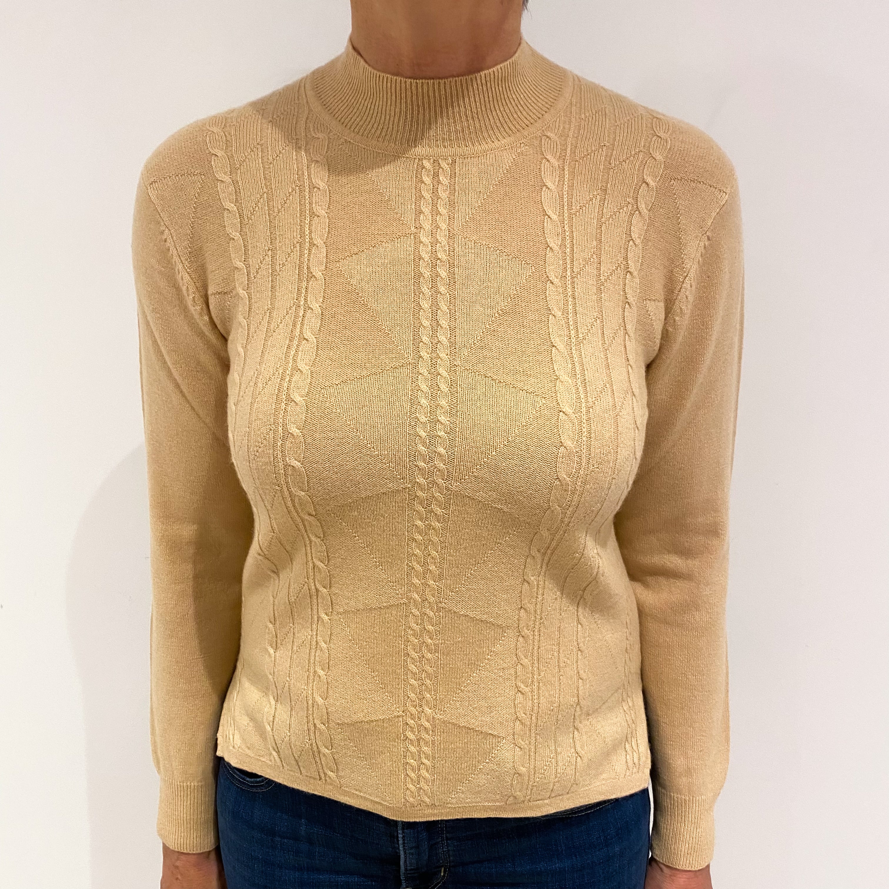 Beige Cashmere Cable Turtle Neck Jumper Medium