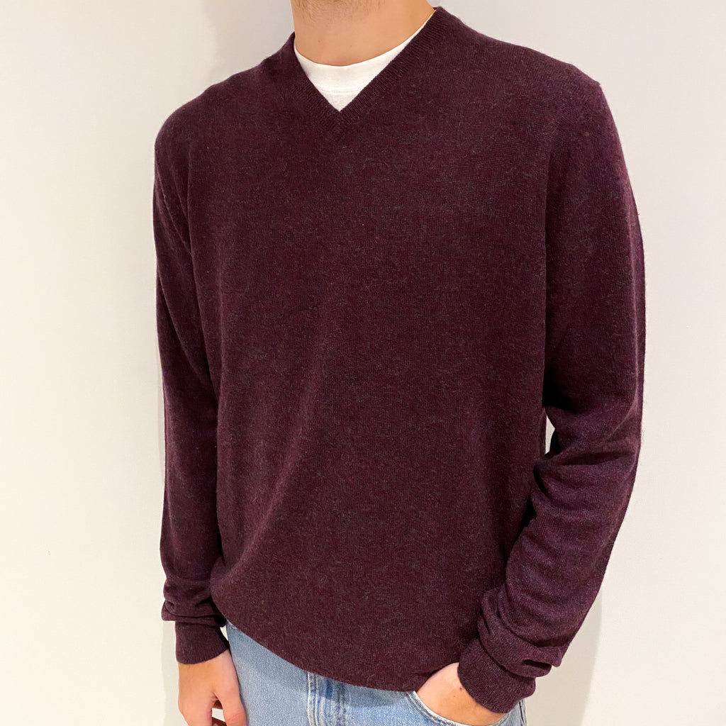 Men's Aubergine Grey Marl Cashmere V-Neck Jumper Large