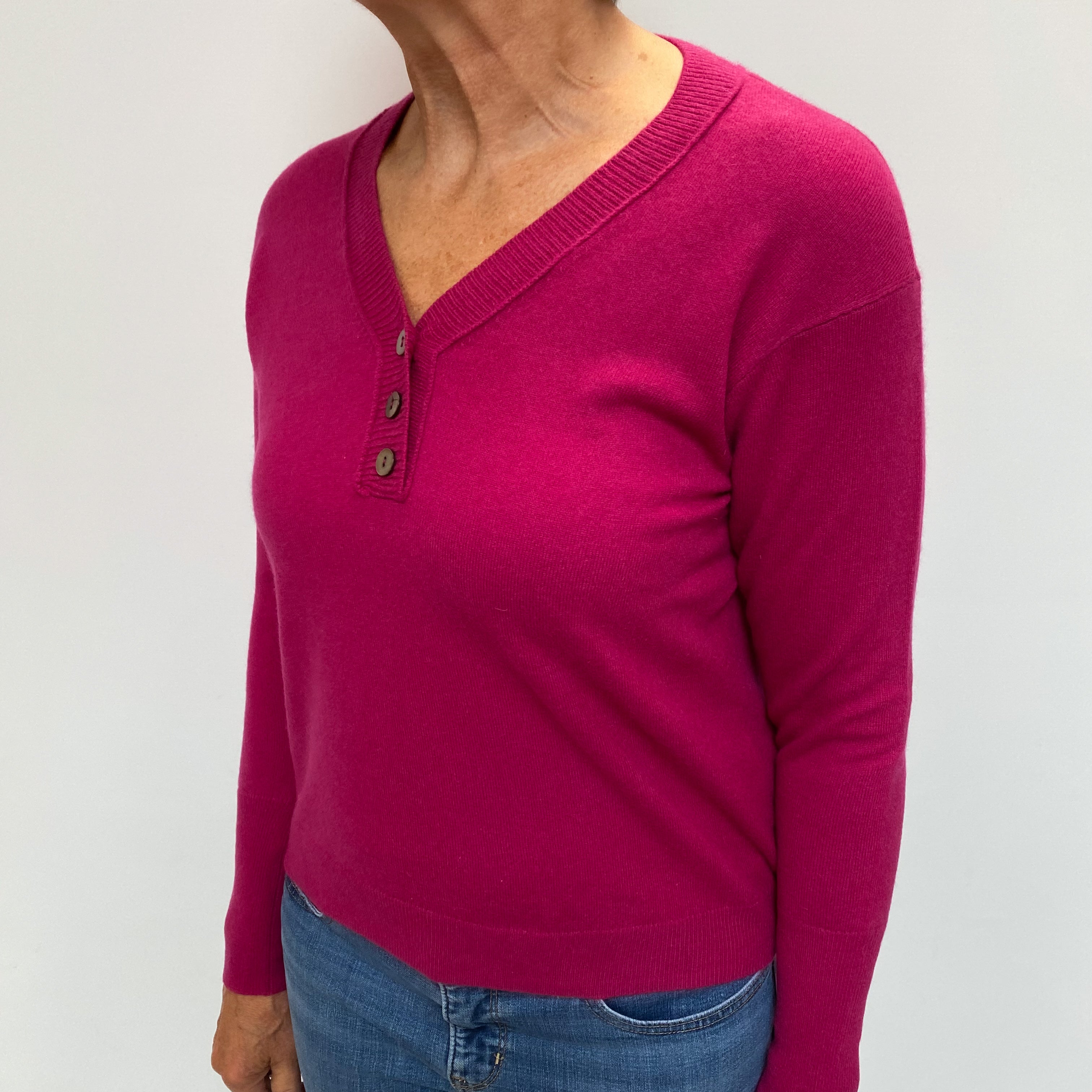 Magenta Pink Cashmere 3/4 Button V Neck Jumper Medium