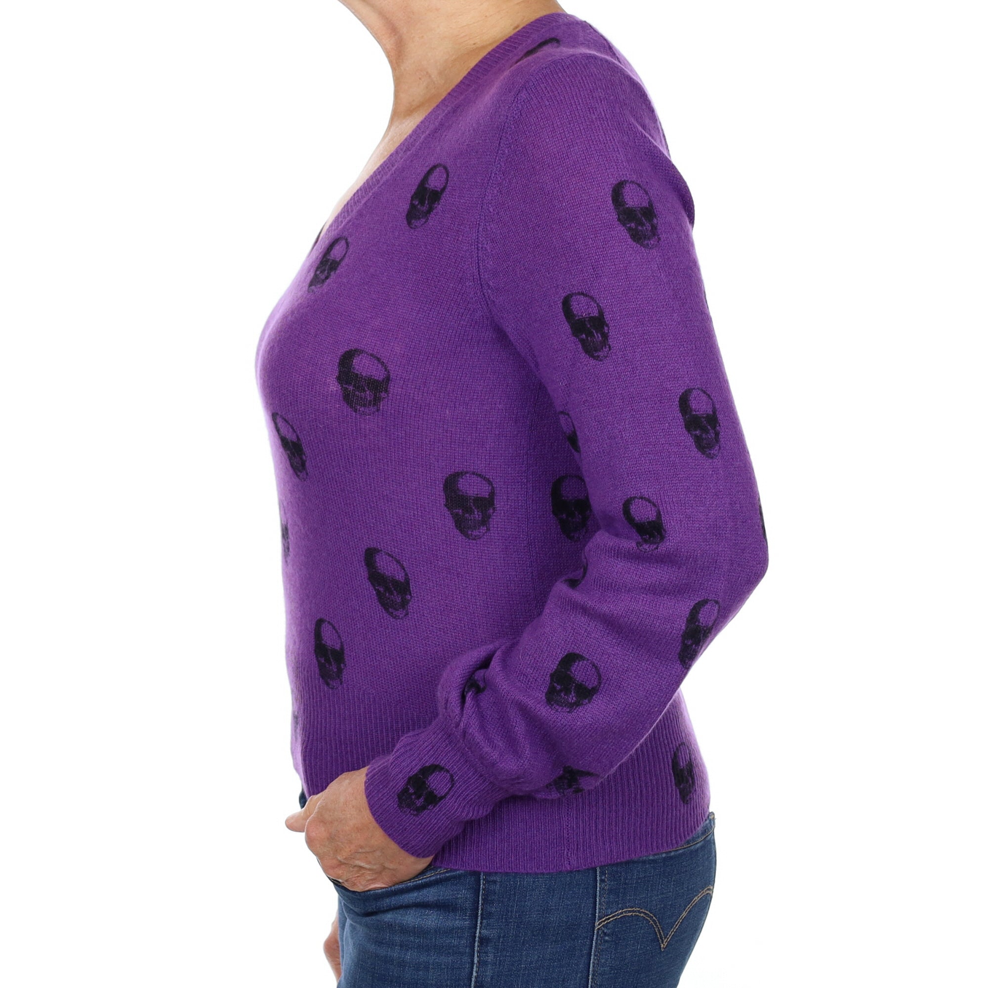 Skull Cashmere Grape Purple Patterned Cashmere V Neck Jumper Medium
