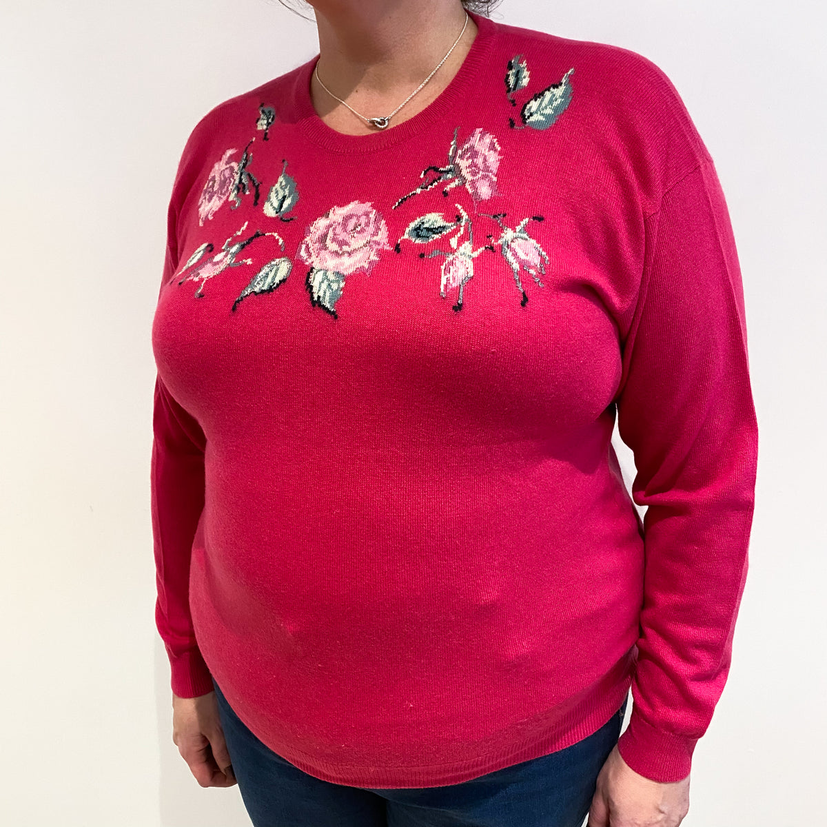 Vintage Rose Pink Pattern Cashmere Crew Neck Jumper Extra Large