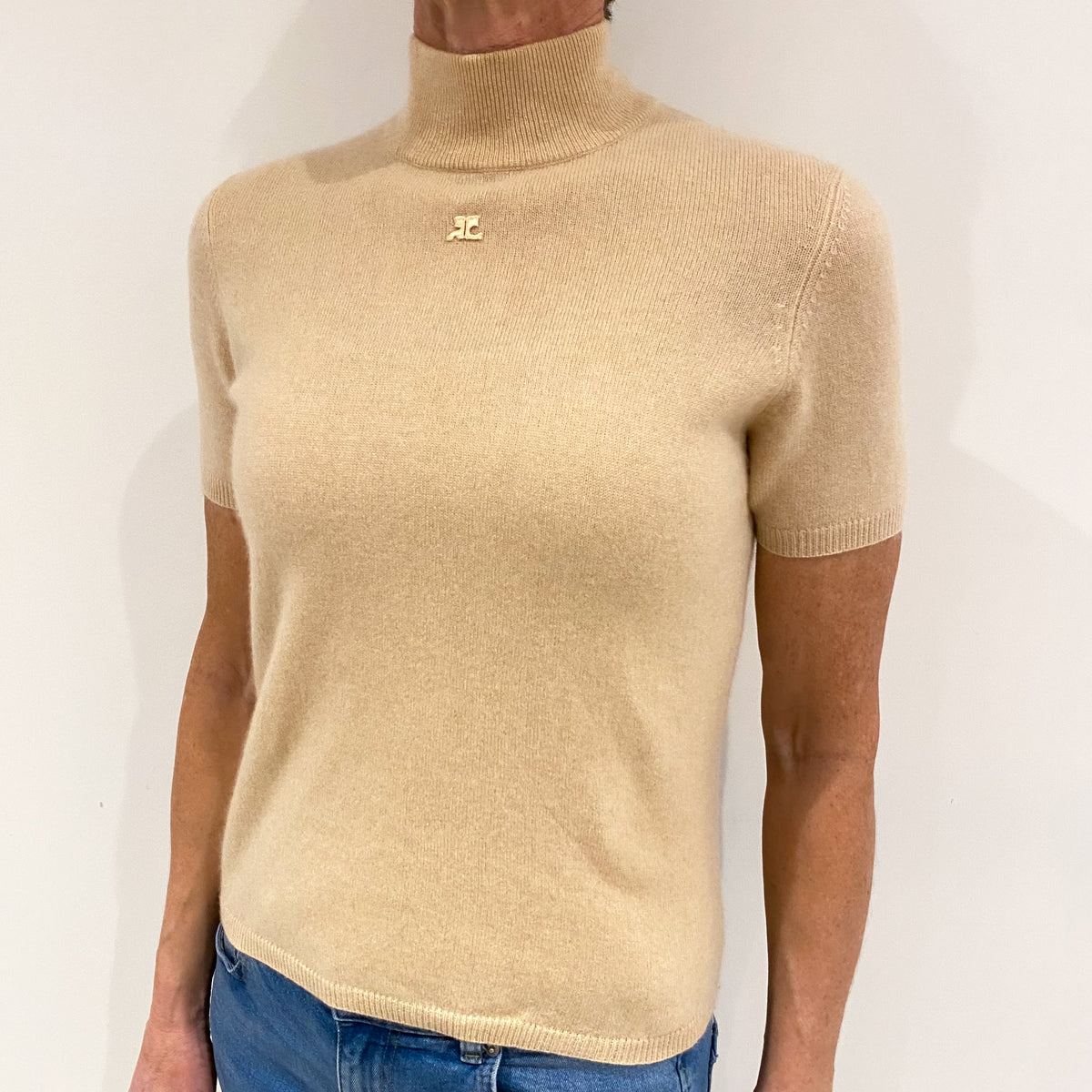 Beige Cashmere Short Sleeved Turtle Neck Jumper Small