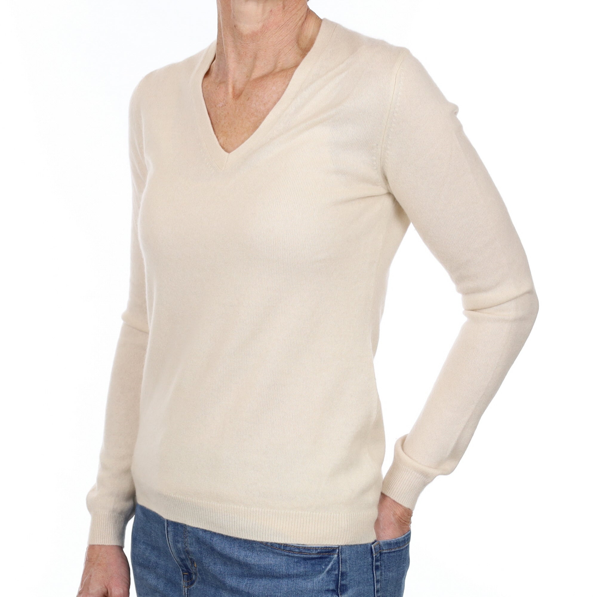 Vanilla Cream Cashmere V Neck Jumper Small