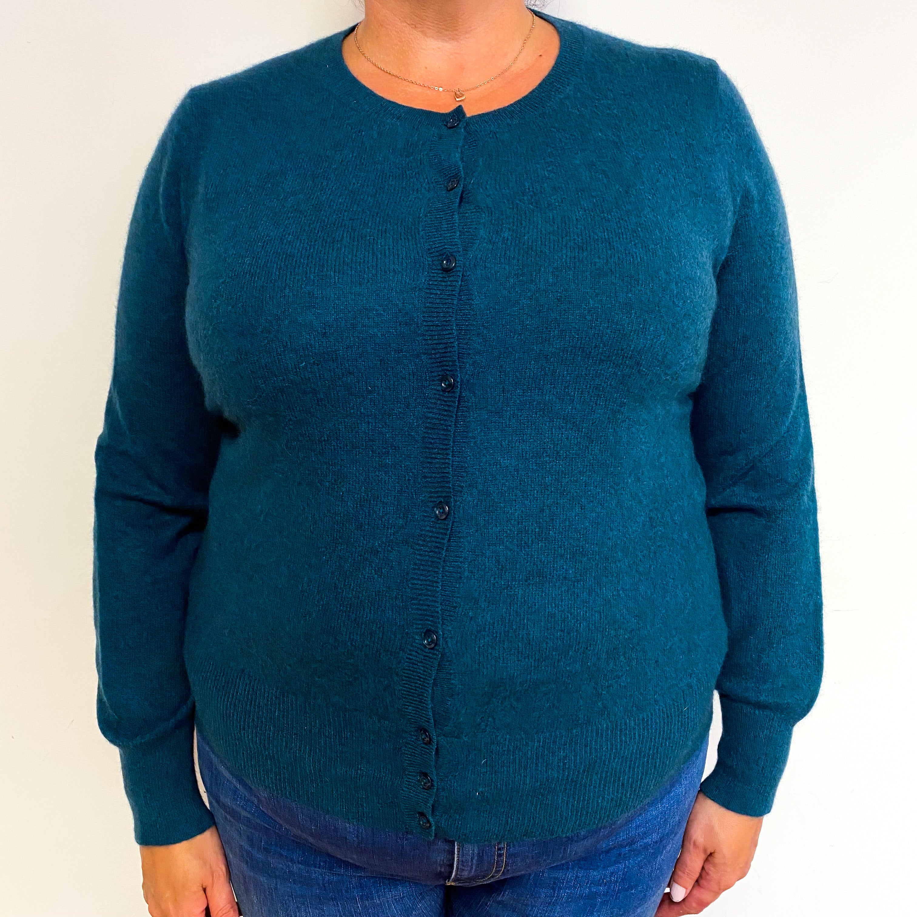 Teal Green Cashmere Crew Neck Cardigan Extra Large