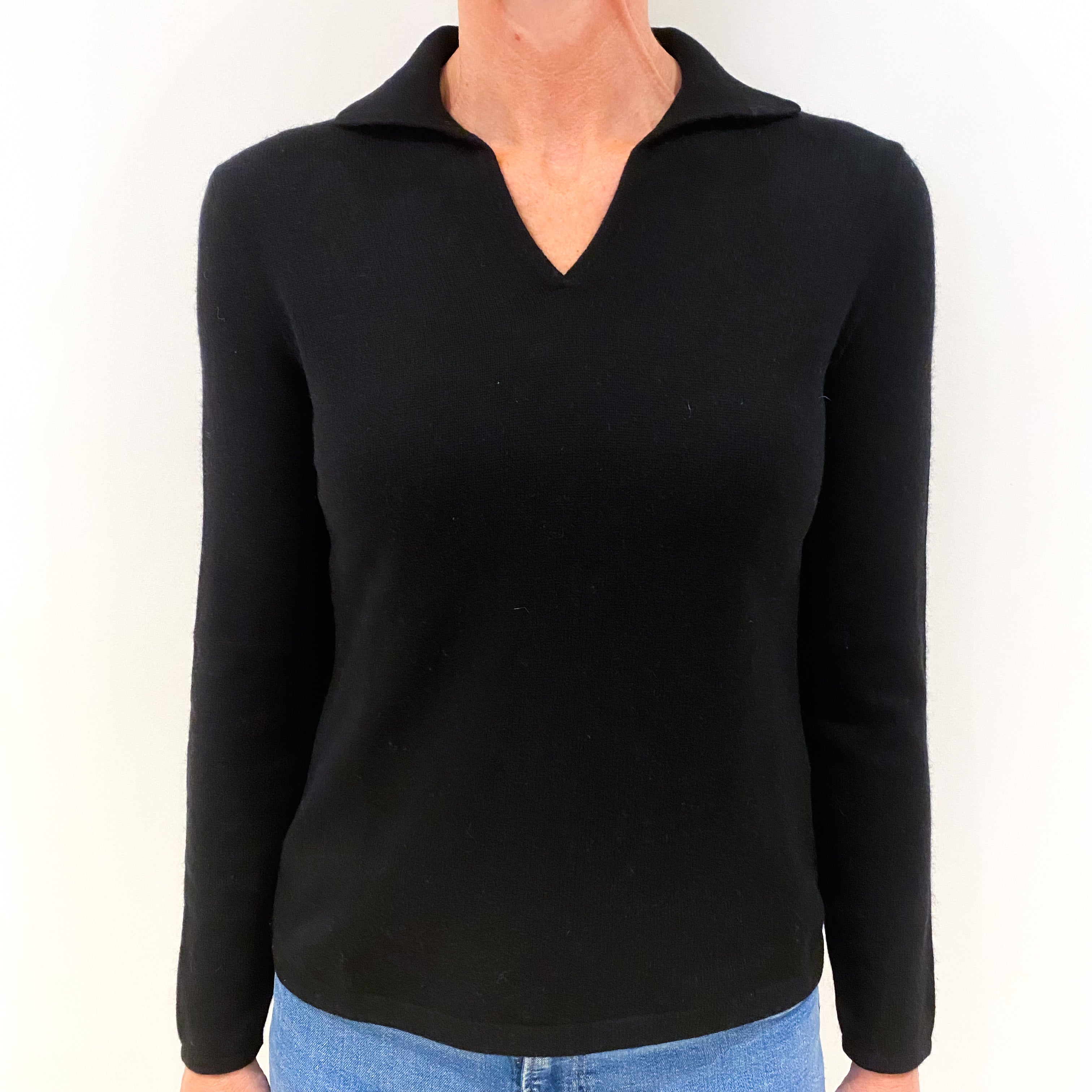 Black Cashmere Collared V-Neck Jumper Small/Petite