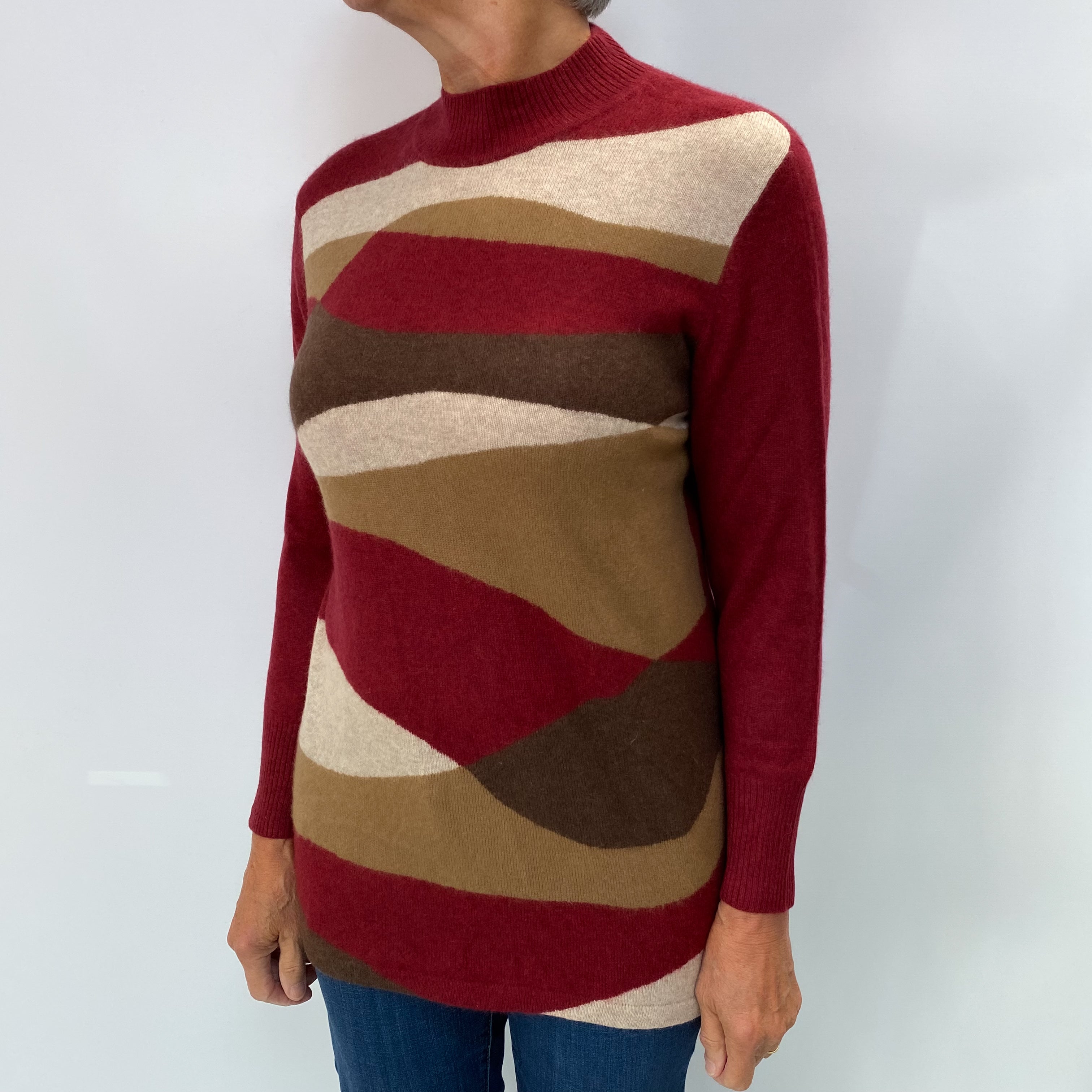 Burgundy and Mocha Colour Block Cashmere Turtle Neck Jumper Medium