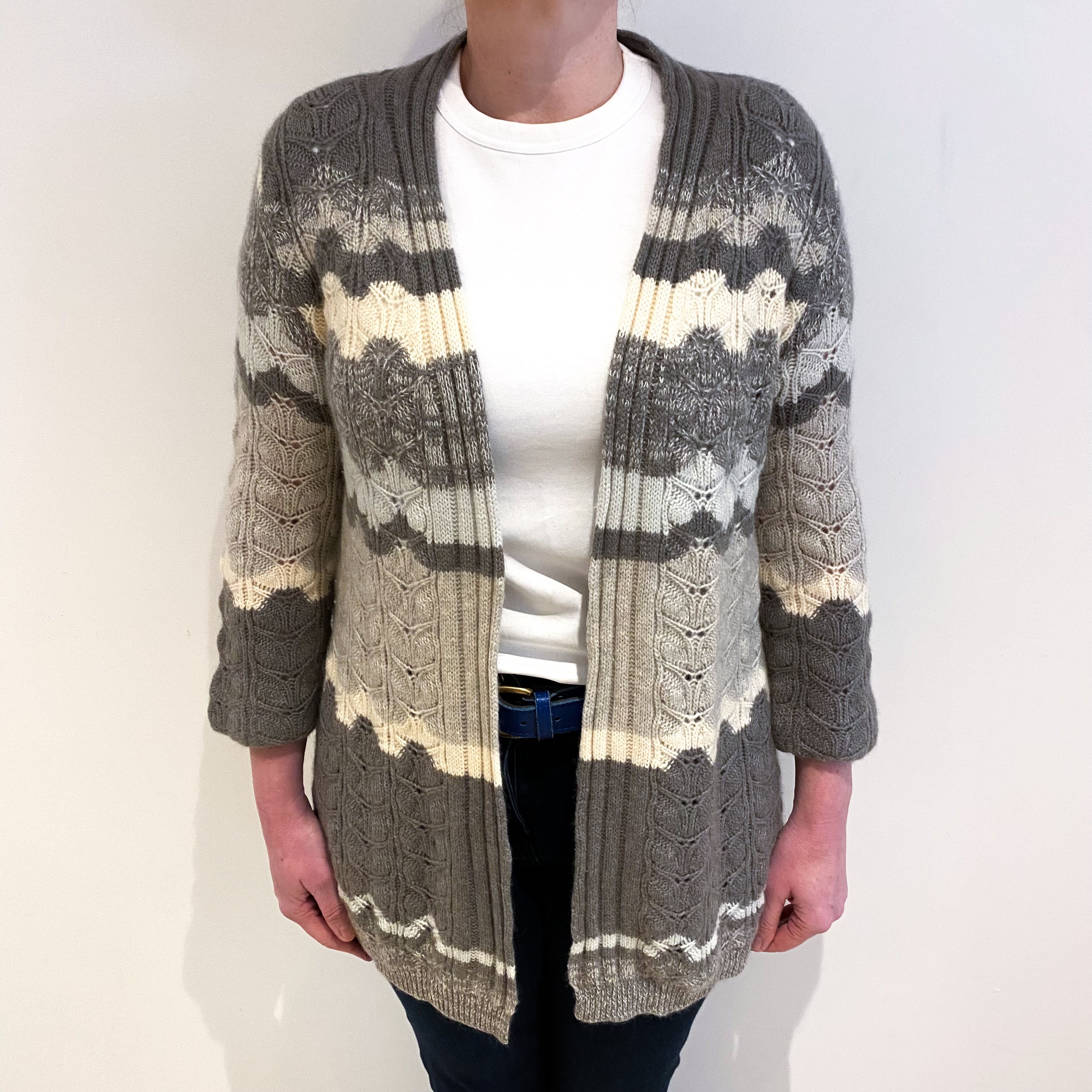 Mocha And Mint Cashmere Edge to Edge Lace Knit Cardigan Large