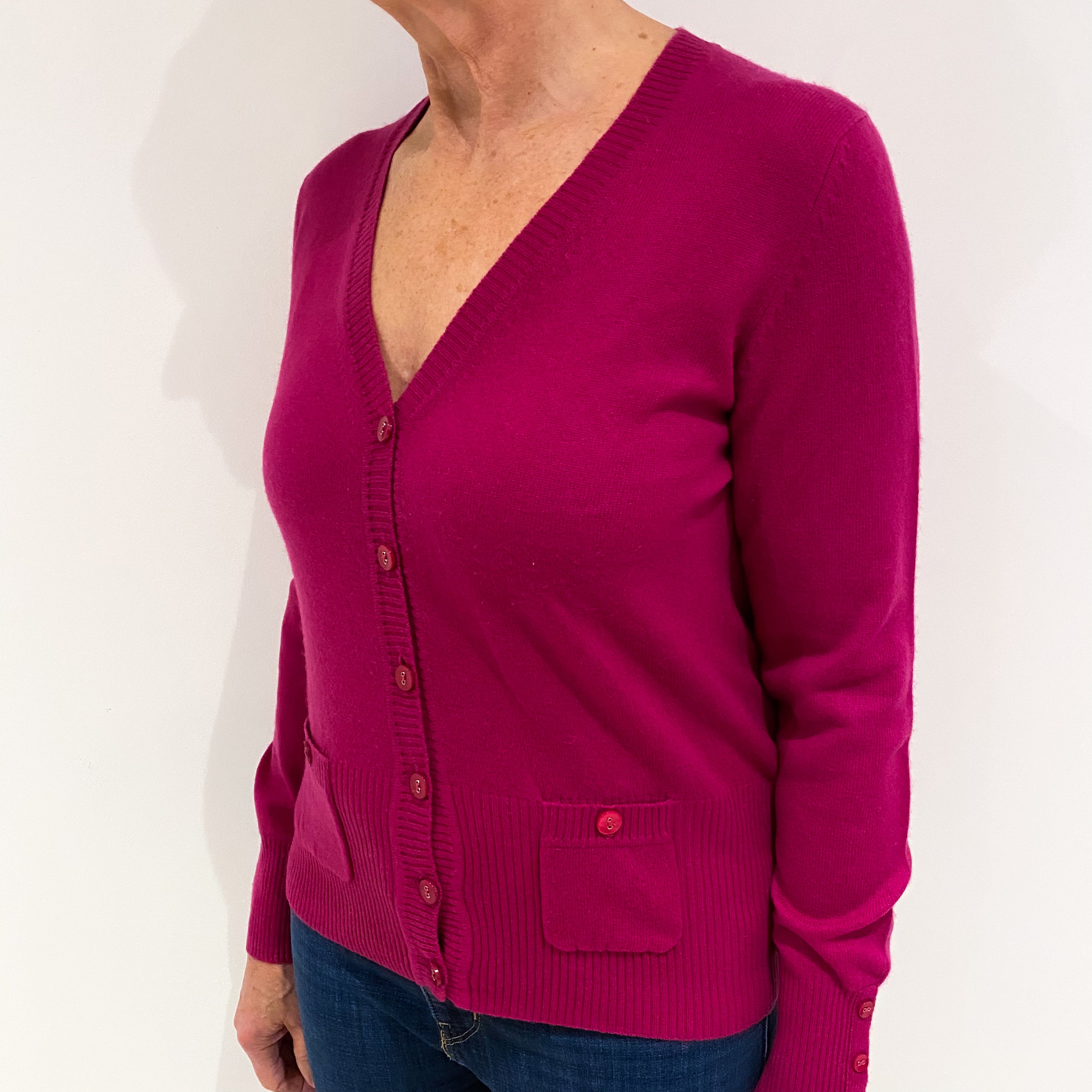 Fuchsia Pink Cashmere V Neck Cardigan with Pockets Medium