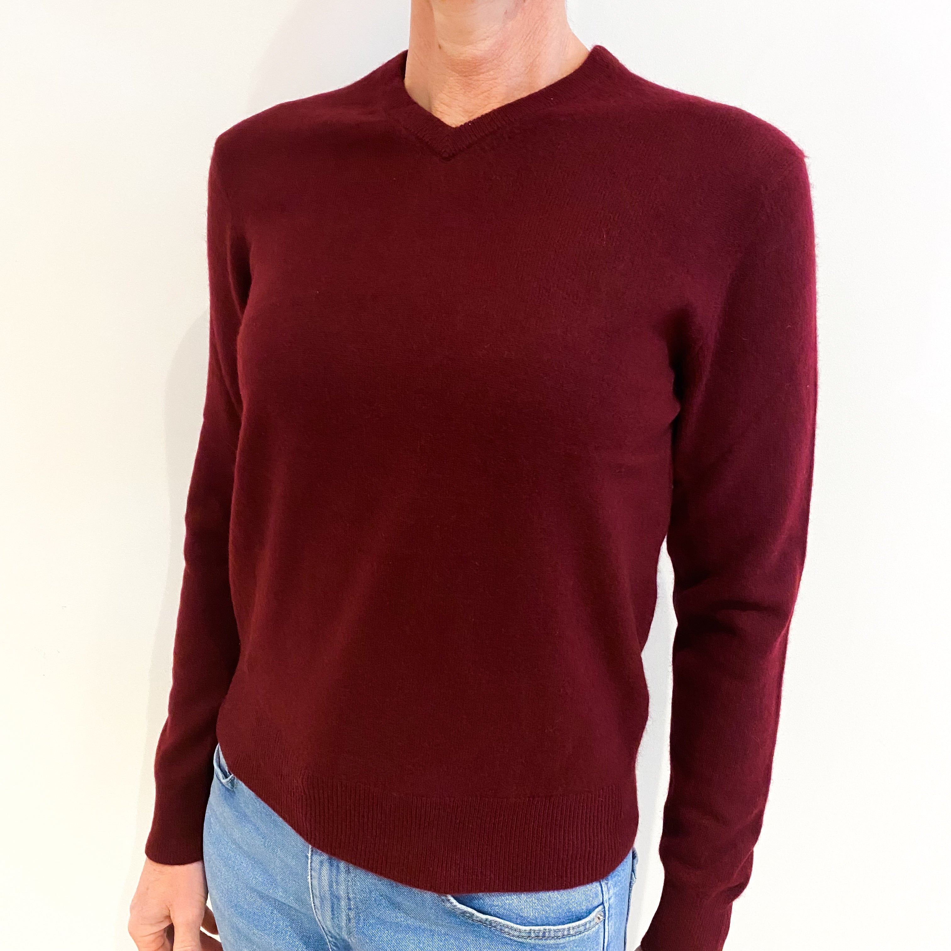 Burgundy Red Cashmere High V Neck Jumper Small