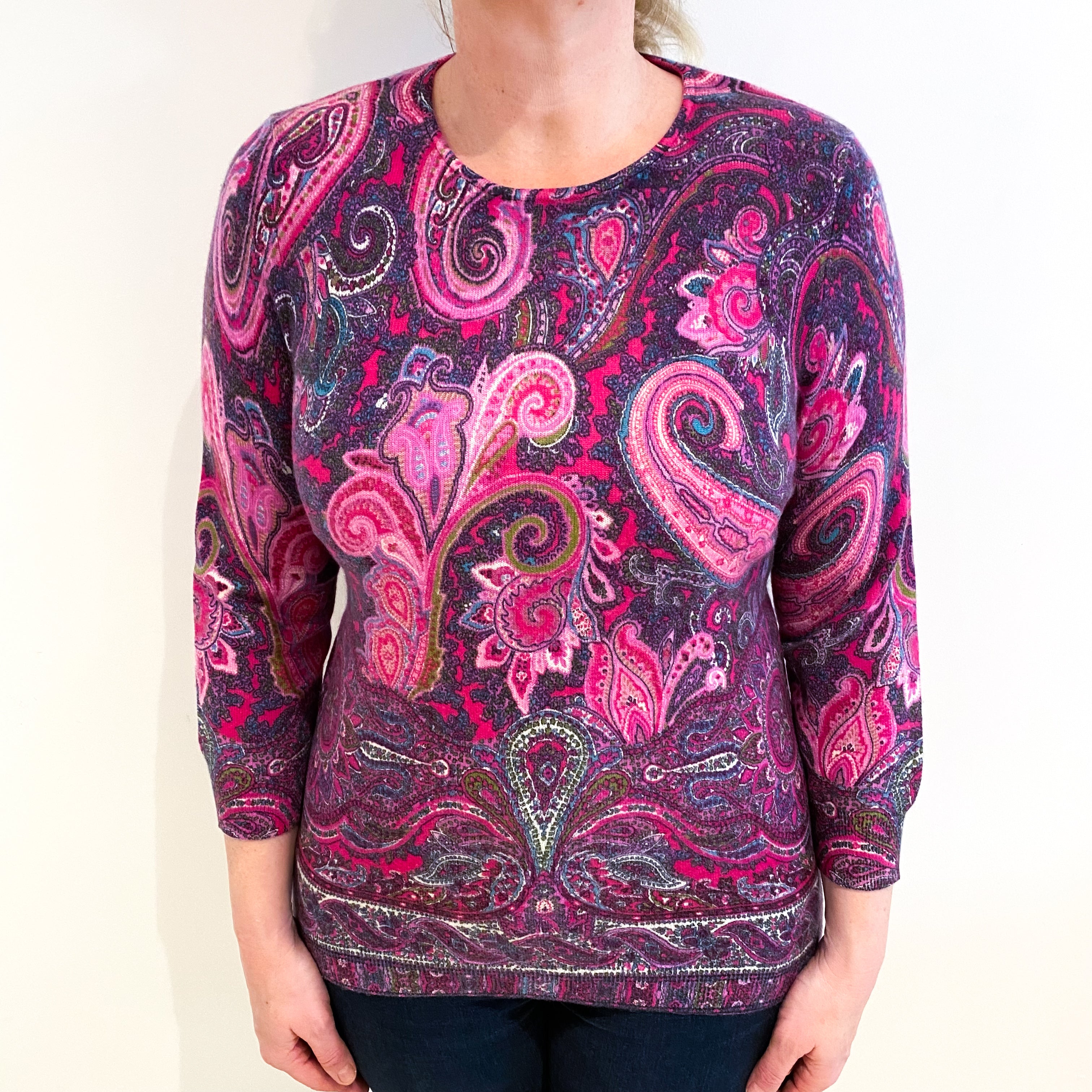Pink and Purple Paisley Cashmere Crew Neck Jumper Large