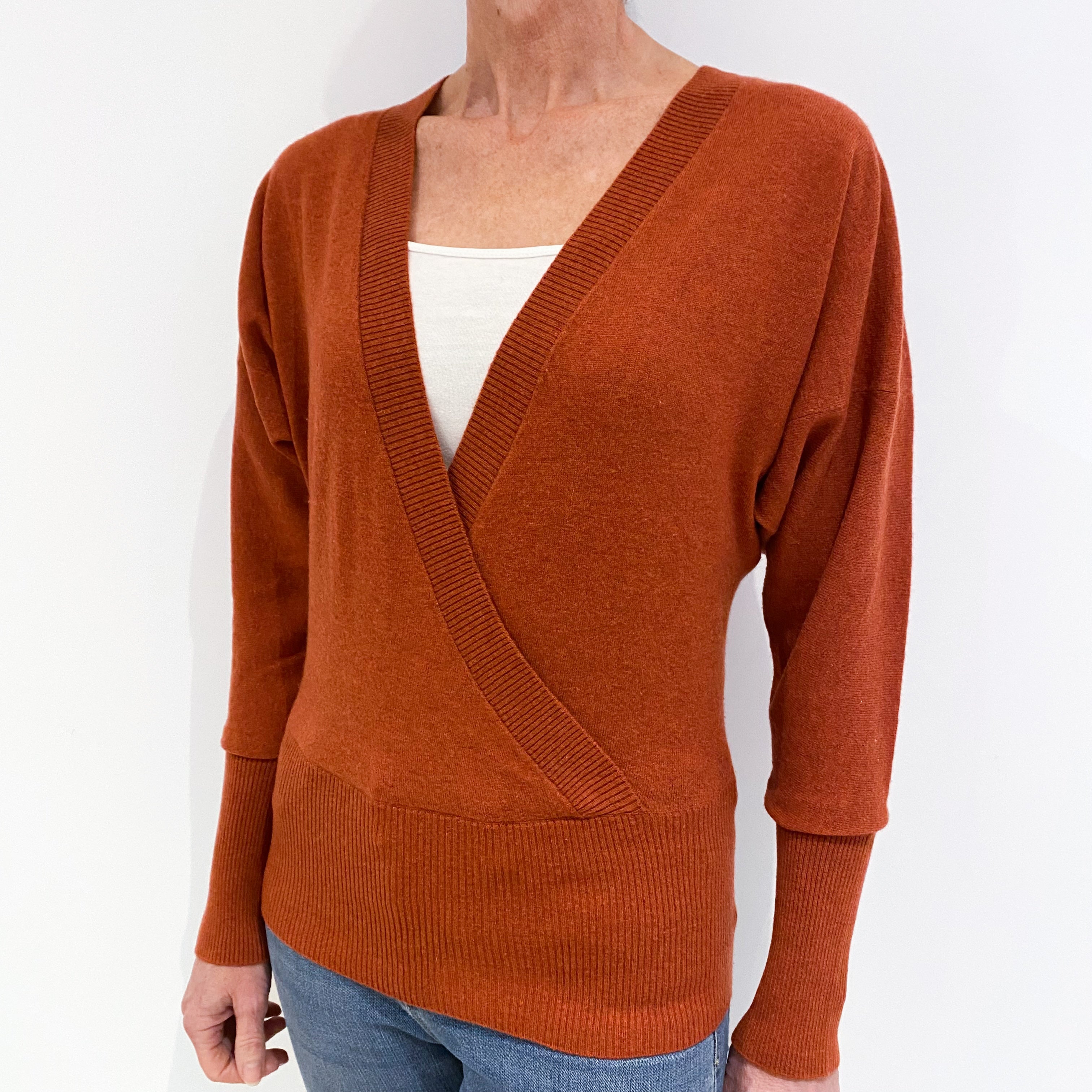 Paprika Orange Batwing Cashmere Cross-Over Jumper Small