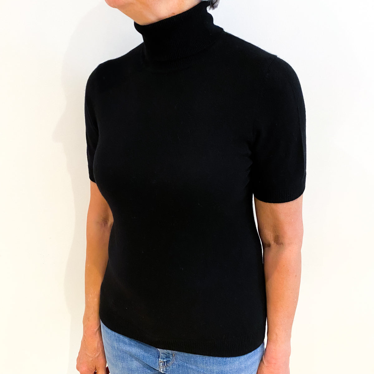 Black Cashmere Polo Neck Short Sleeved Jumper Medium